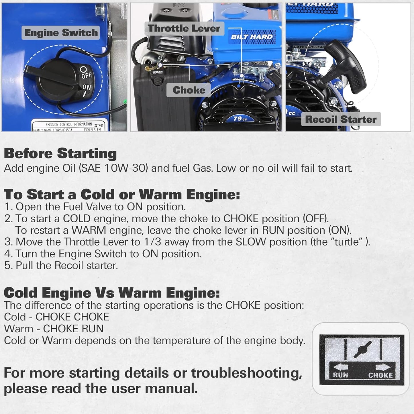 BILT HARD Gas Engine 79cc 2 HP, Gas Motor for Log Splitter, Pressure Washer and Water Pump, EPA & CARB Certified, 4 Stroke OHV Horizontal Shaft with Recoil Start