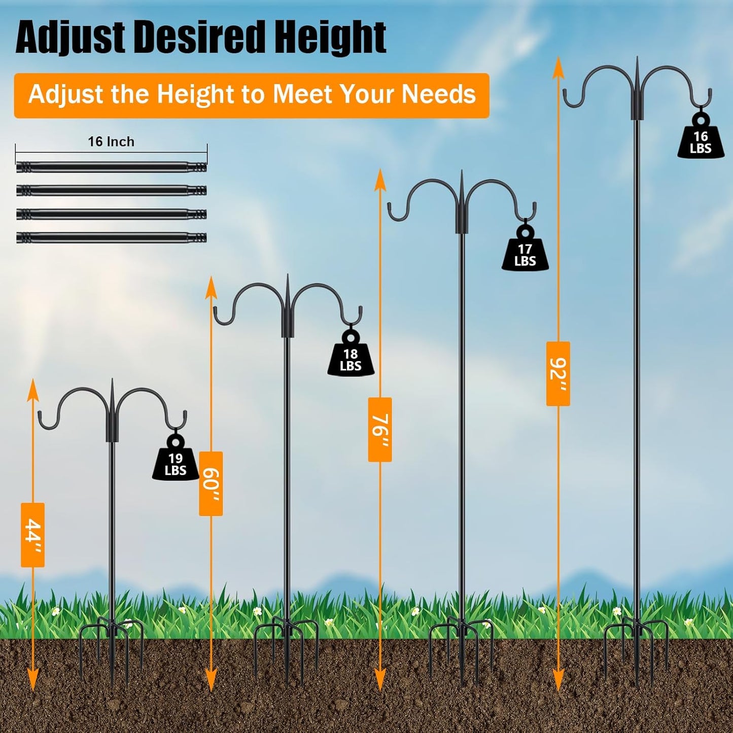 FEED GARDEN Adjustable Double Shepherds Hook for Outdoor with 5 Prong Base 92 Inch Heavy Duty Two Sided Bird Feeder Pole for Hanging Plant Baskets, Solar Light Lanterns, Wind Chimes 2 Pack