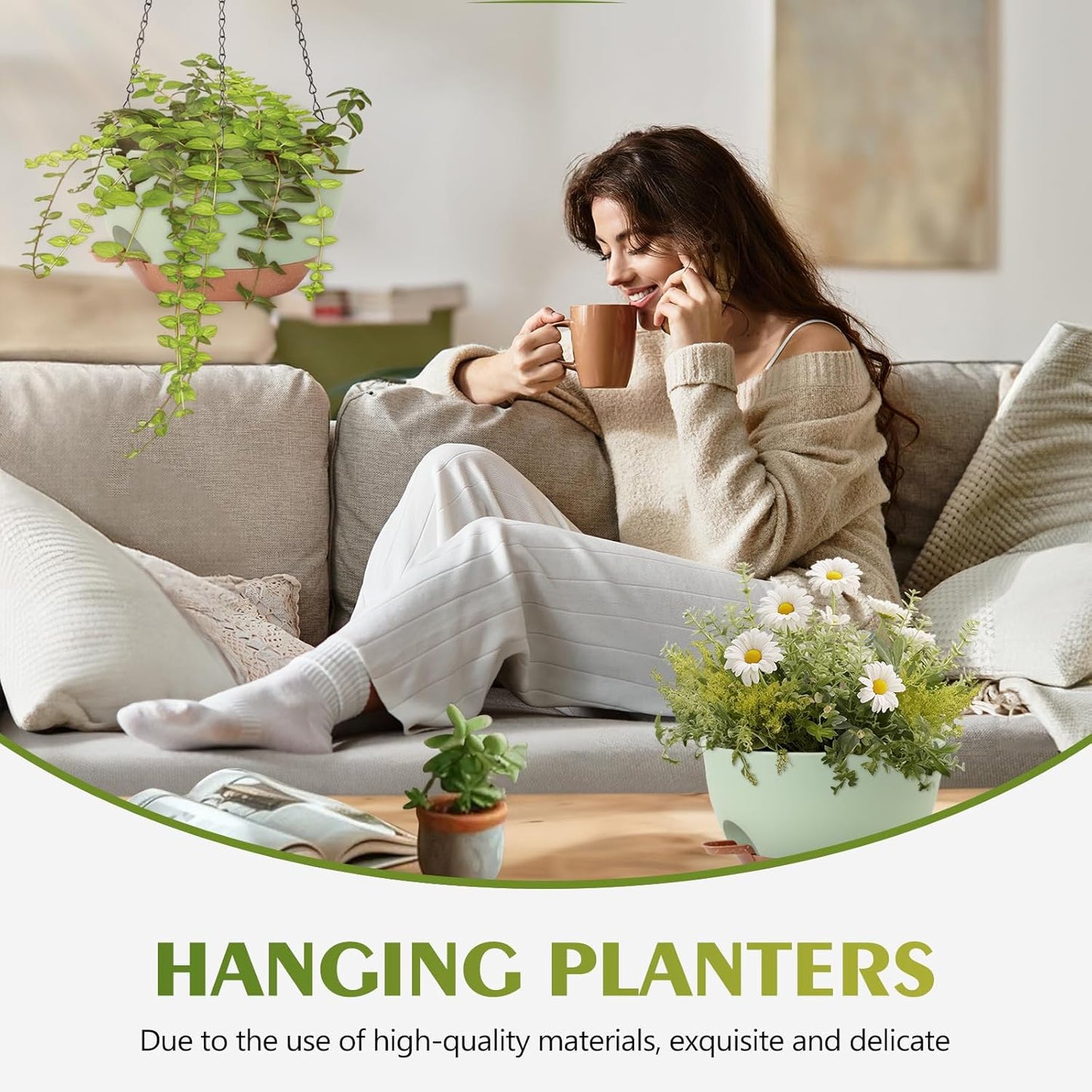 GARDIFE Hanging Planters for Indoor Outdoor Plants, 2 Pack Self Watering Hanging Pot with Drainage Holes & Removable Tray (Green, 10 inch)