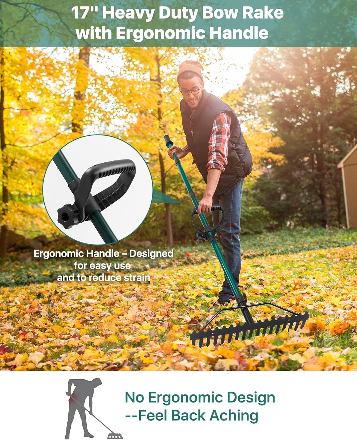 Garden Rake, 17'' Thatch Rake Heavy Duty with 63'' Long Back-Saving Adjustable Handle, Heavy Duty Metal Garden Tool for Loosening Leveling Soil, Gathering Leaves Grass, Weeding