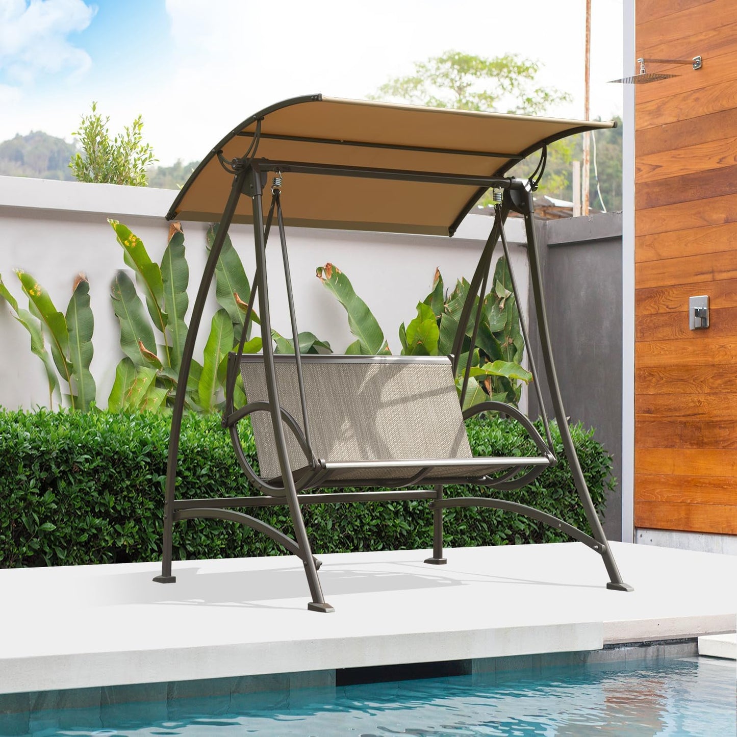 Domi Porch Patio Swing with Adjustable Canopy, 2-seat with Stand, Outdoor Loveseat Swing w/Armrests, Weather Resistant Steel Frame and Textilene Fabric