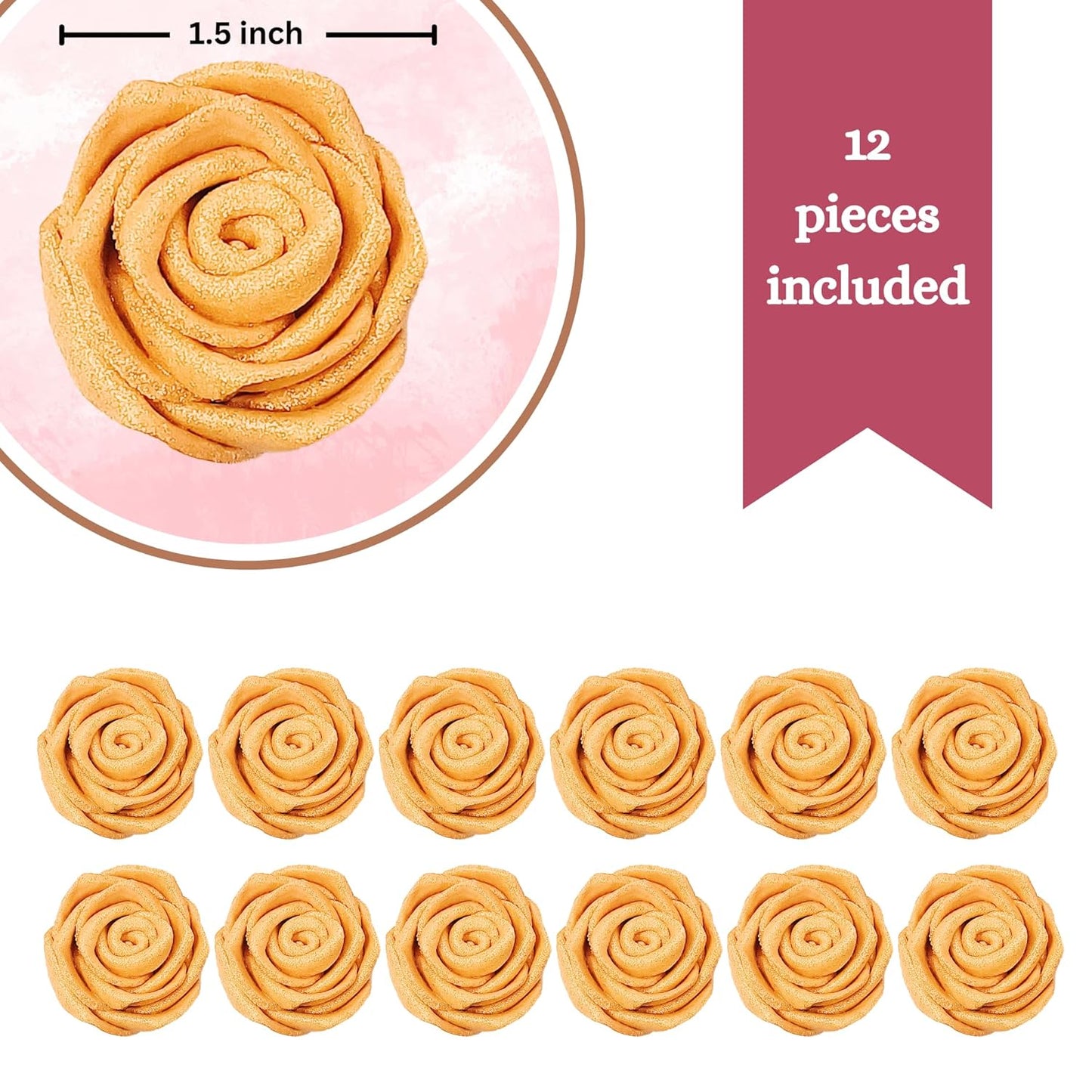 Confect Metallic Edible Rose Topper – Gold Roses for Cake, Cupcake & Doughnut Decoration – Pack of 12 Edible Floral Toppers- Vegan, Gluten-Free, Nut-Free, Soy-Free, Dairy-Free, Palm Oil-Free