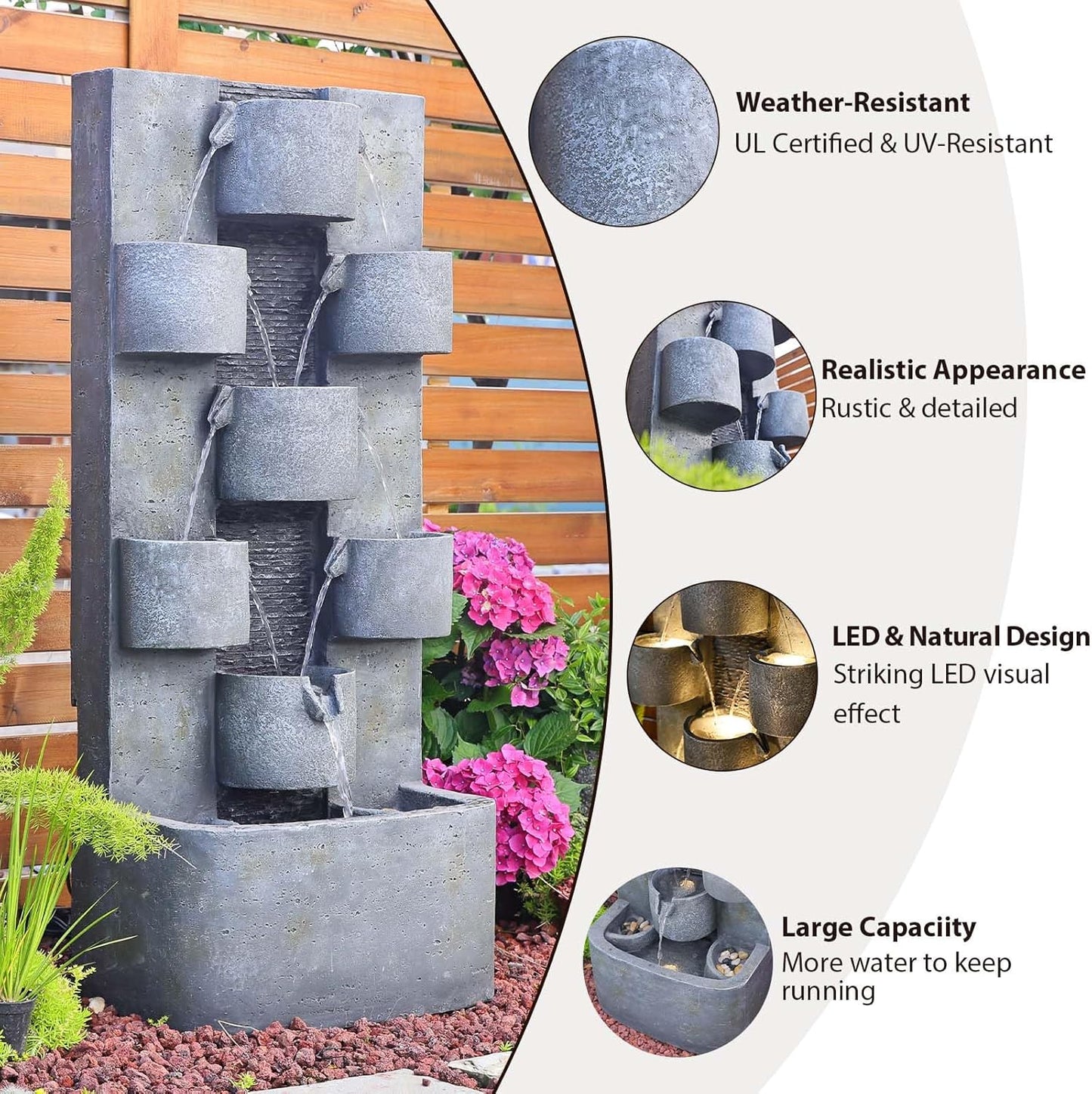 44.8" H Modern Outdoor Water Fountain with LED Lights and Pump, Mutiply-Tier Standing Cascading Waterfall - Modern Design for Garden,Patio,Yard, Multi-Level Outdoor Decor (Gray)