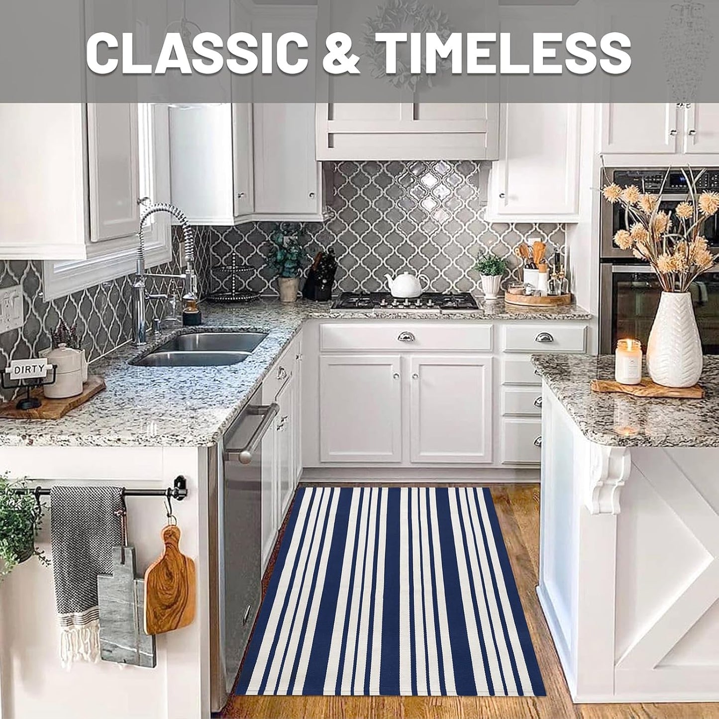 IOHOUZE Navy and White Striped Rug 3'x5' Front Door Rugs Outdoor, Washable Area Rug for Front Porch, Spring Summer Doormats Outdoor Indoor, Cotton Rugs for Entryway Porch Entrance