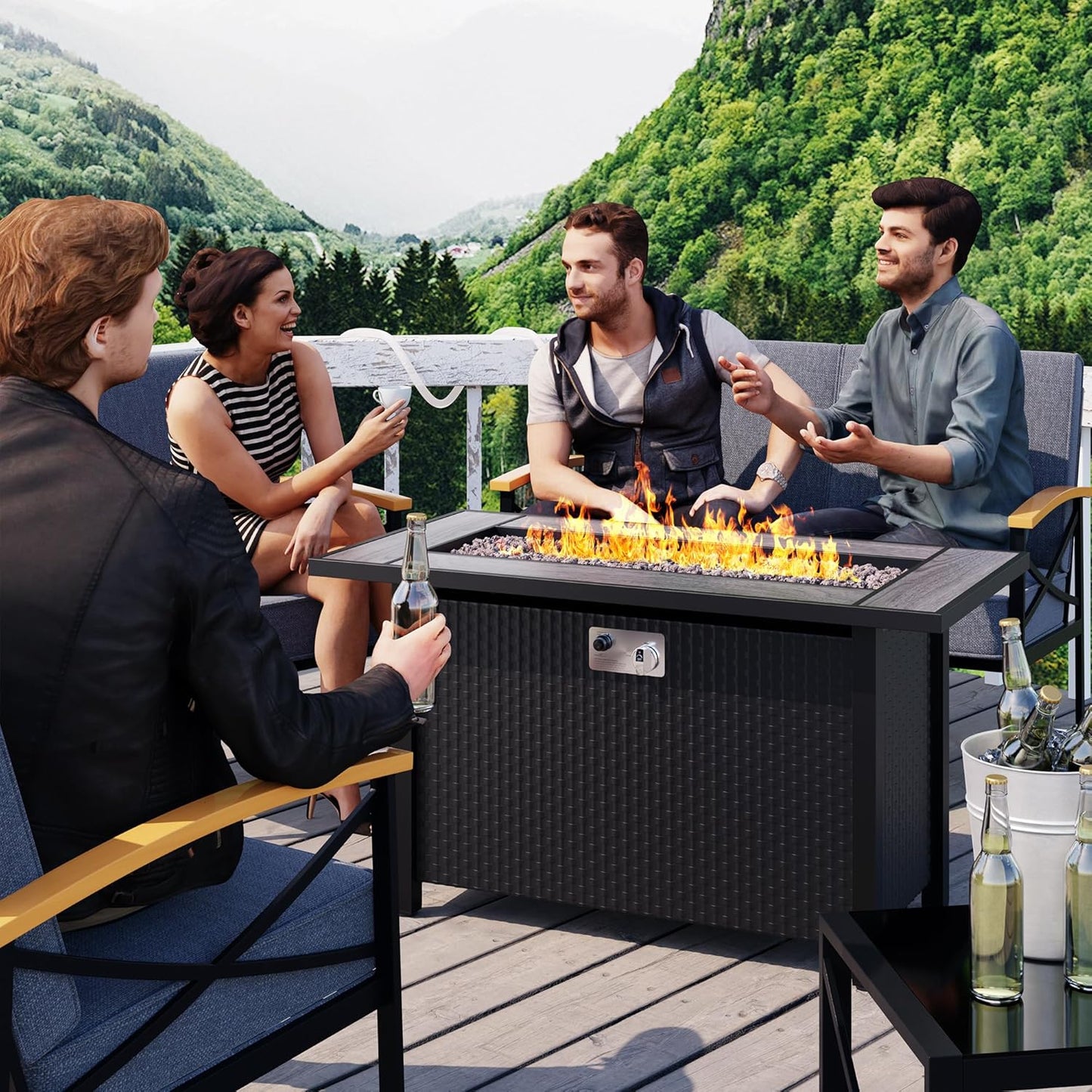 Meilocar 45in Fire Table, Propane Fire Pit with Red Lava Rocks and Rain Cover, Outdoor Firepit Table with Tile Top 50000 BTU 2-in-1 Fire Table for Patio/Yard/Balcony, Gray Tabletop