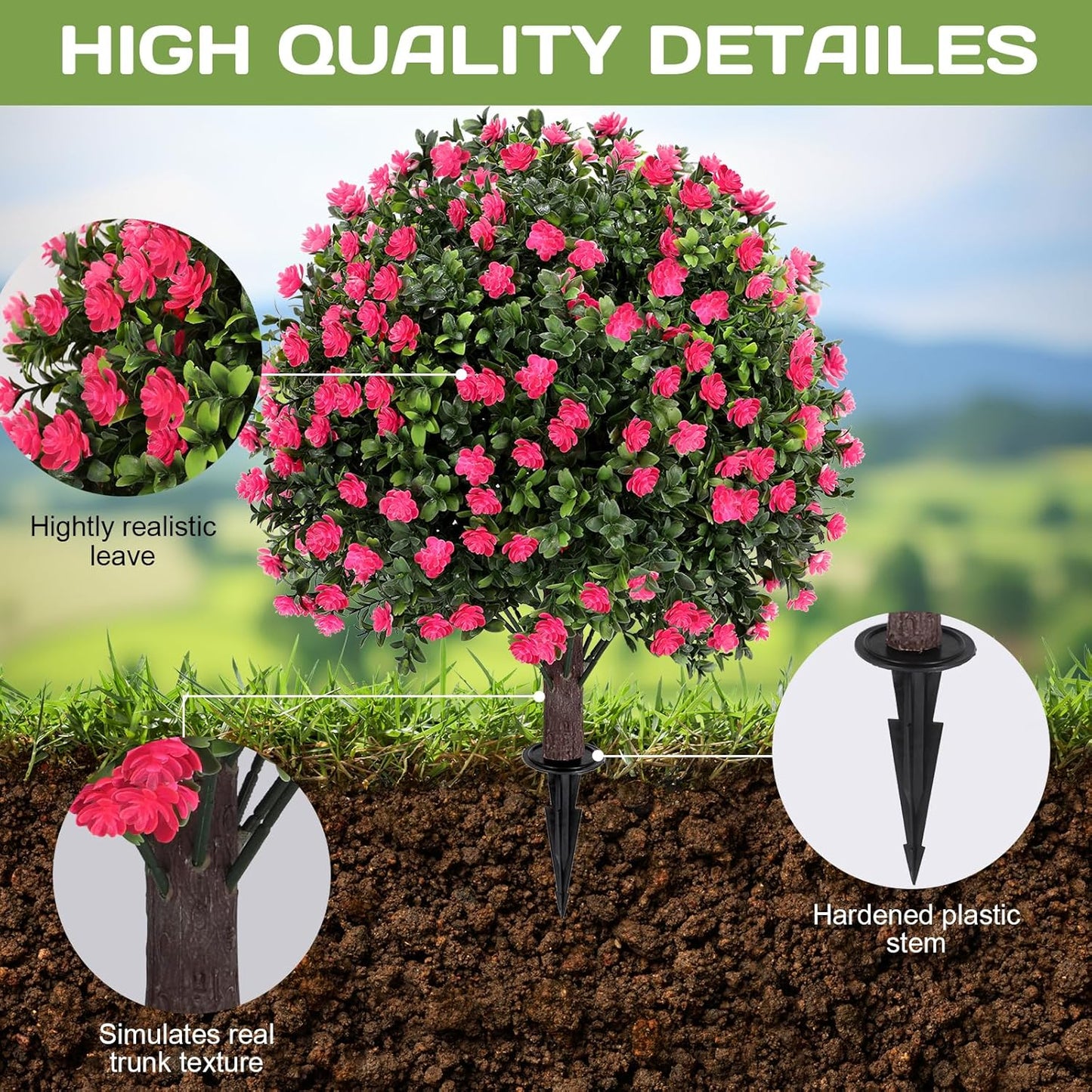 Artificial Pink camellia Topiary Ball Tree 25" with Ground Spike, Set of 2 Artificial Boxwood Bushes for Faux Shrubs, Fake Evergreen Faux Plant for Indoor Outdoor Garden -UV Resistant–Fade-Proof
