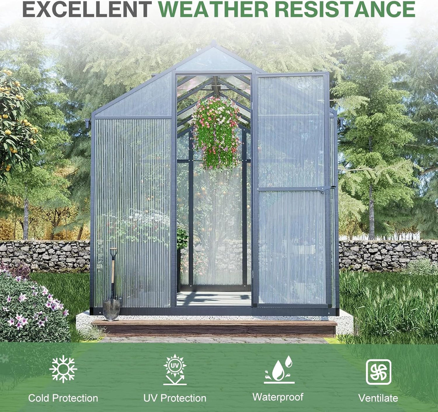 Aoodor 6 x 10 Ft Walk-in Greenhouse with Gutter, Polycarbonate and Heavy-Duty Aluminum Frame, Adjustment Skylight and Lockable 2-Sided Door for Patio, Outdoor, Yard, Lawn Use, Black
