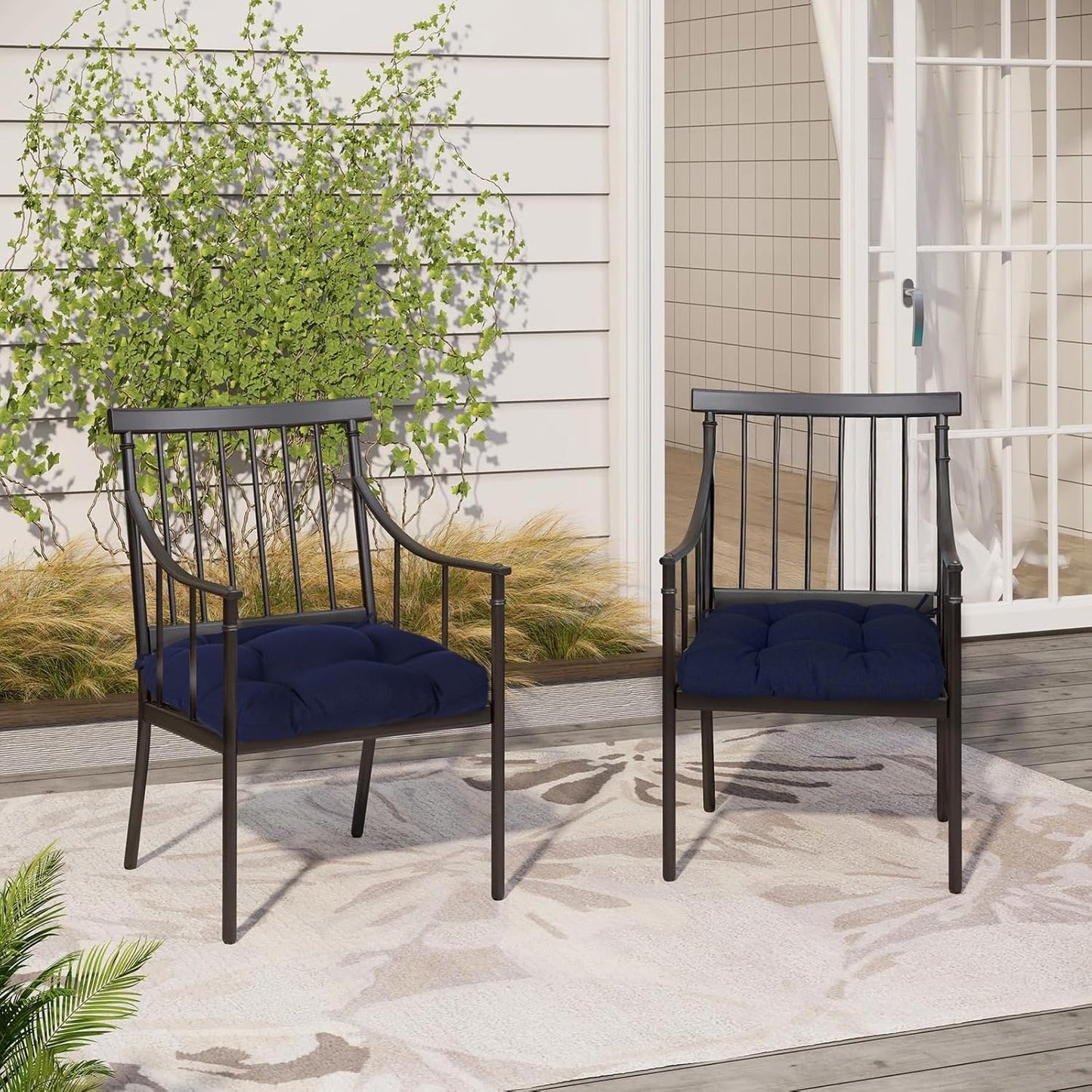 Aoodor 19" x 19" x 5" Tufted Outdoor Chair Cushions, Water Resistant & Fade Resistant Polyester Dining Chair Pads with 2 Straps for Patio Furniture, Set of 2