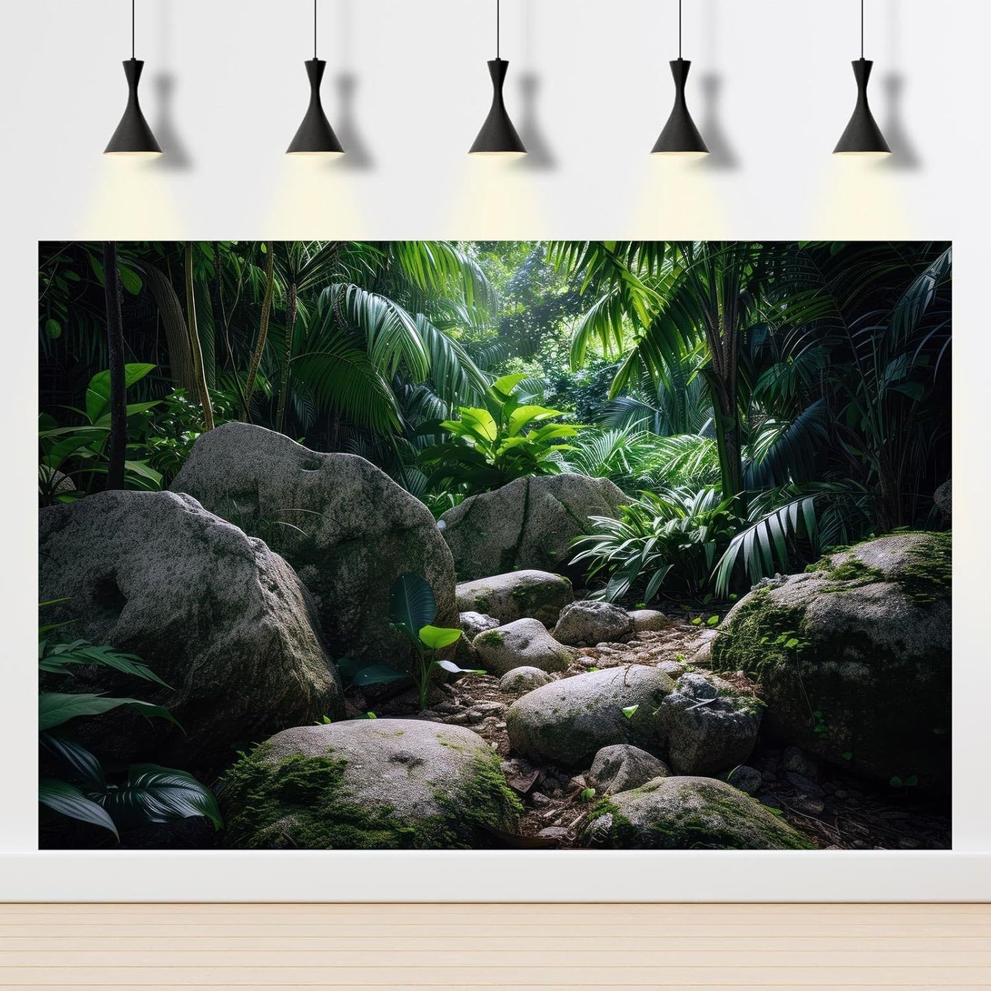Reptile Habitat Backdrop Lush Tropical Plants and Rocks Terrarium Backdrop Dense Vegetation with Large Broad Leaves and Ferns Fish Tank Background Aquarium Wallpaper Poster Decor Vinyl 72x16in