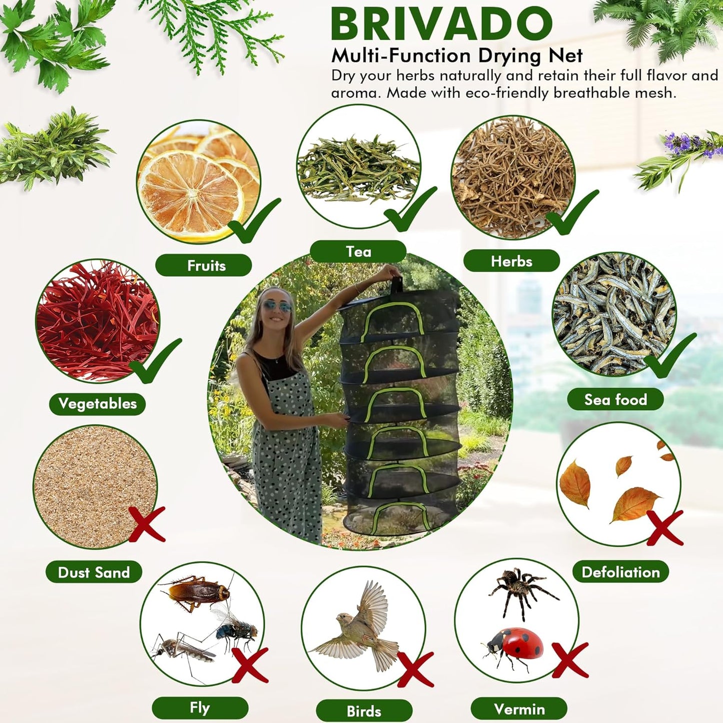 Herb Drying Rack Hanging Mesh 4 Layer 18" with Zipper, Garden Pruning Shear, Hook & Carabiner Clip for Drying Herbs, Plants, Seeds, Buds | Hydroponics & Grow Tents Herb Dryer Hanging Rack