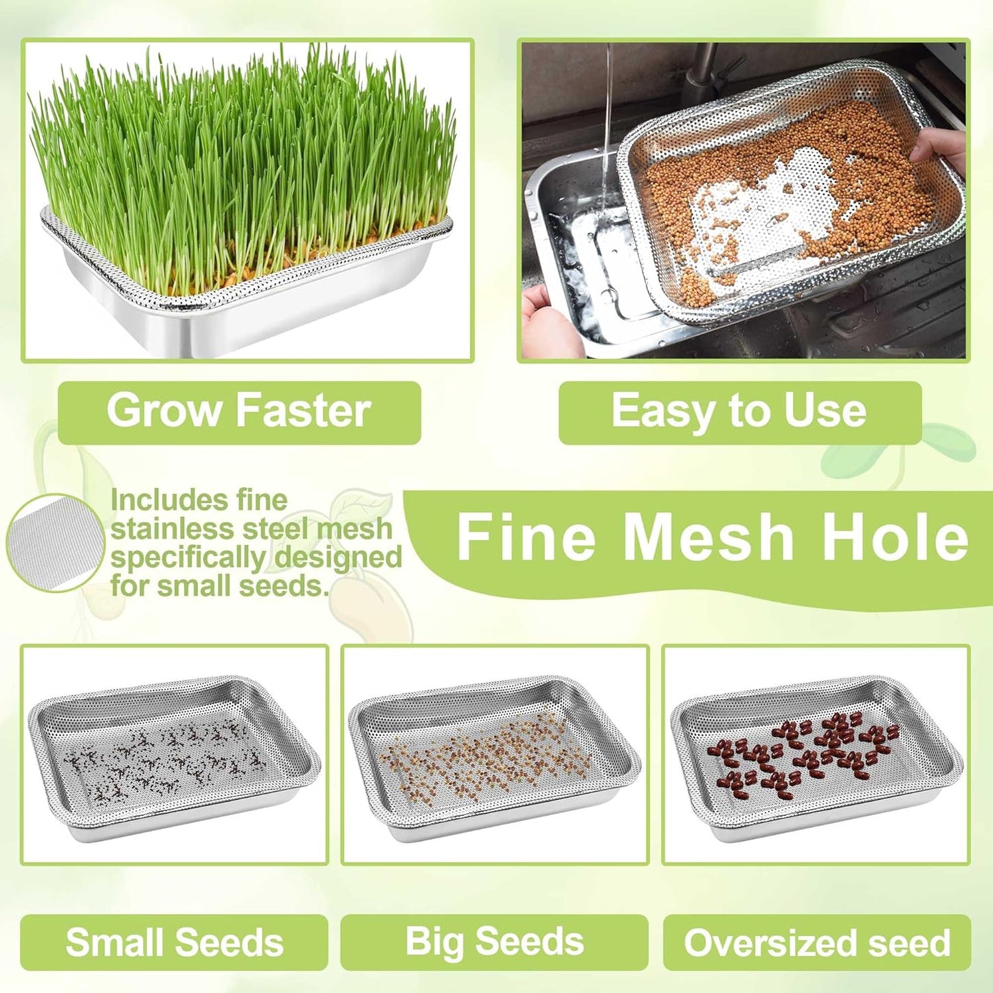 Stainless Steel Sprouts Growing Kit 4-Tier 10.4 inch Trays, Microgreens Growing Kit, Seed Sprouting Tray with Encrypted Mesh Sprouts for Beans Alfalfa Broccoli Wheat Grass