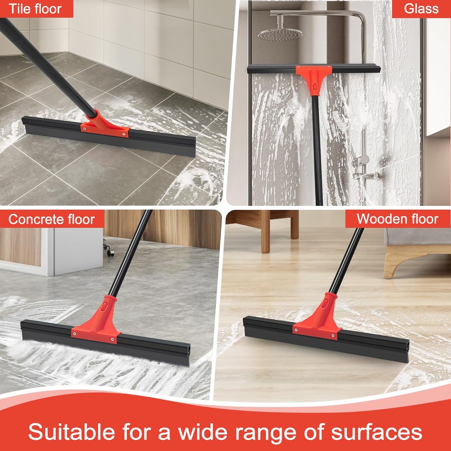Floor Squeegee with 18'' Silicone Rubber Scraper Head and 58'' Long Adjustable Handle, Heavy Duty Shower Squeegees for Concrete Floor, on Multi-Surface Tile Glass Pool Garage Cleaning