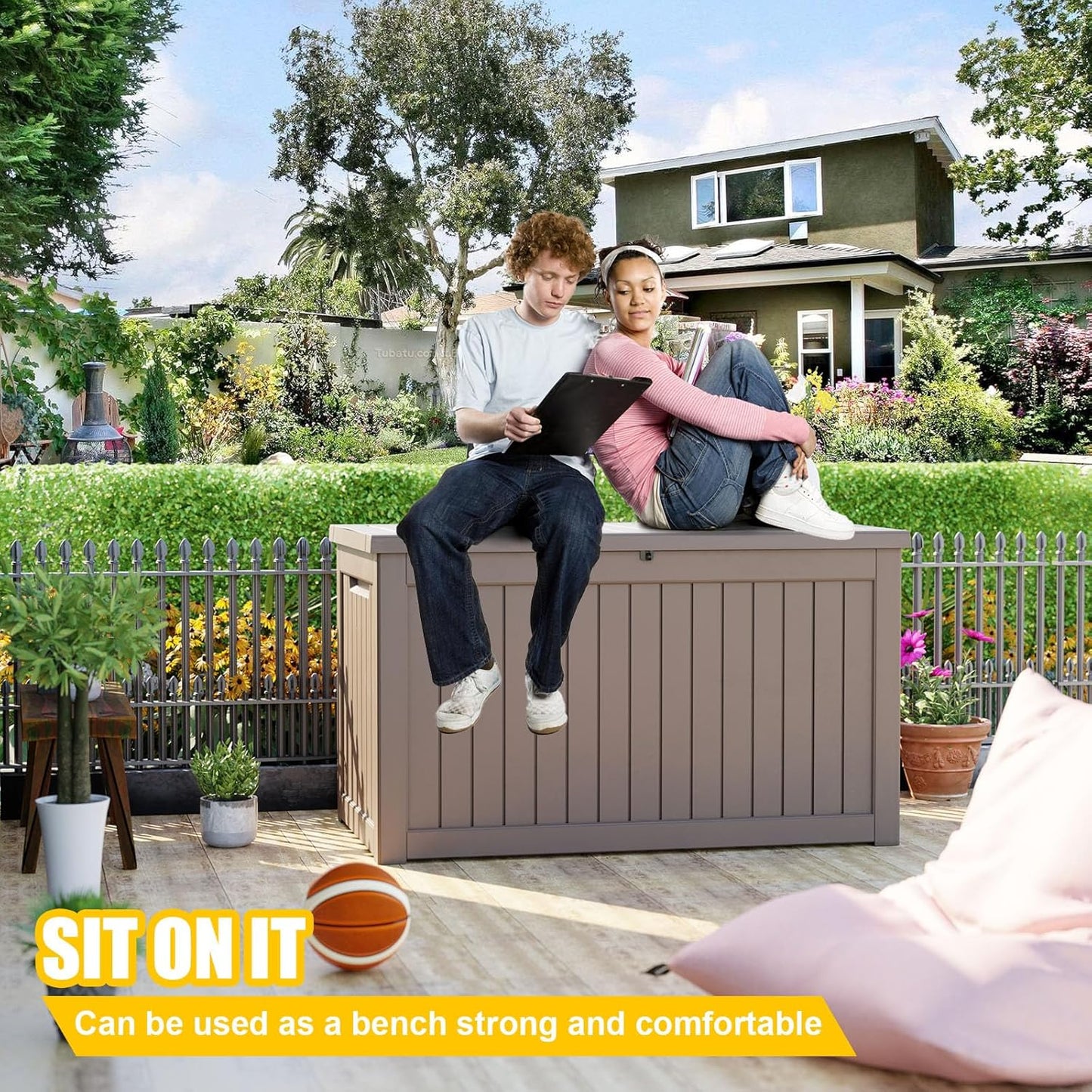 XXL 230 Gallon Large Resin Deck Box, Lockable Outdoor Storage Box for Patio Cushions Storage Furniture,Garden Tools, Pool Supplies, Weatherproof and UV Resistant- Grey (230 Gallon)