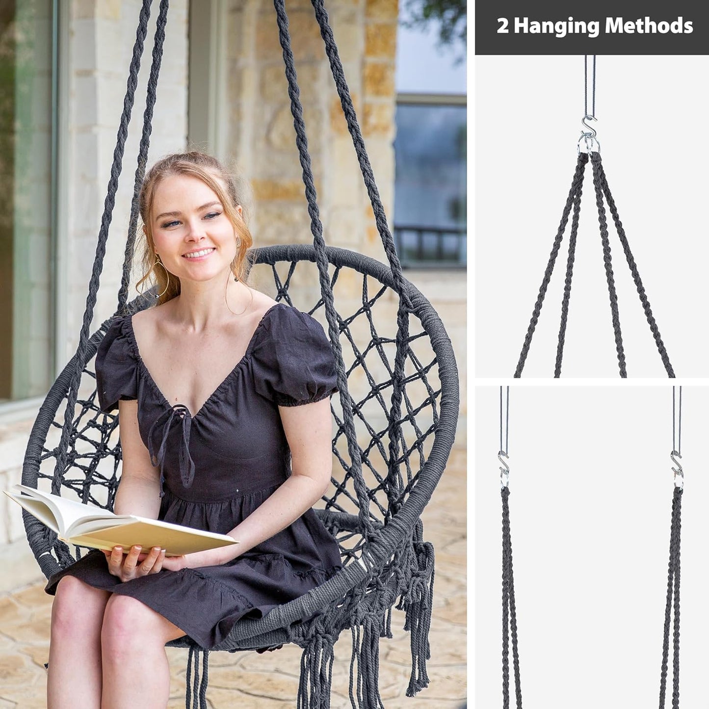 SUNCREAT Hammock Chair Hanging Macrame Swing with Hardware Kits, Max 330 Lbs, Handmade Knitted Mesh Rope Swing Chair for Indoor, Outdoor, Bedroom, Patio, Yard, Garden, Pack of 2, Grey