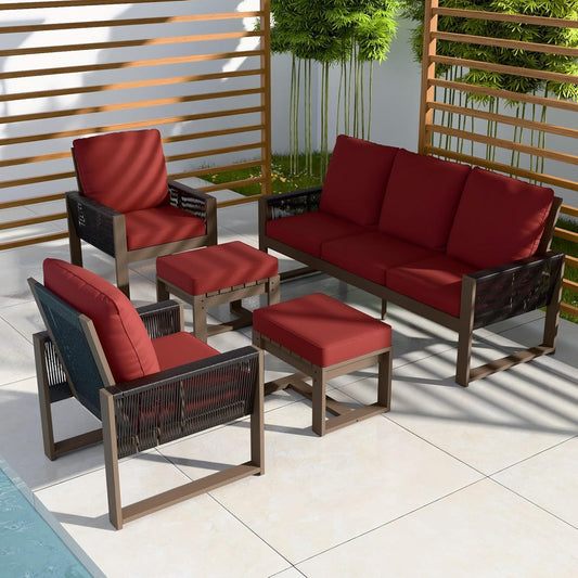 EAGLE PEAK Natural Wood Outdoor Patio Furniture, Cedar Furniture, Conversation Set, Outdoor Seating for Deck Patio Porch, Sofa, 2 Chairs & 2 Ottomans, 5 Pieces, Brown/Red