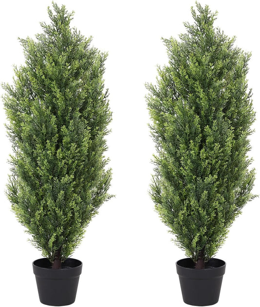 THE BLOOM TIMES 3ft Topiary Trees Artificial Outdoor 2 Pack – UV Resistant Faux Cedar Pine Cypress Bushes and Shrubs, Fake Potted Plants for Front Porch Outside Planter Patio Decor, Set of 2 (3 Foot)