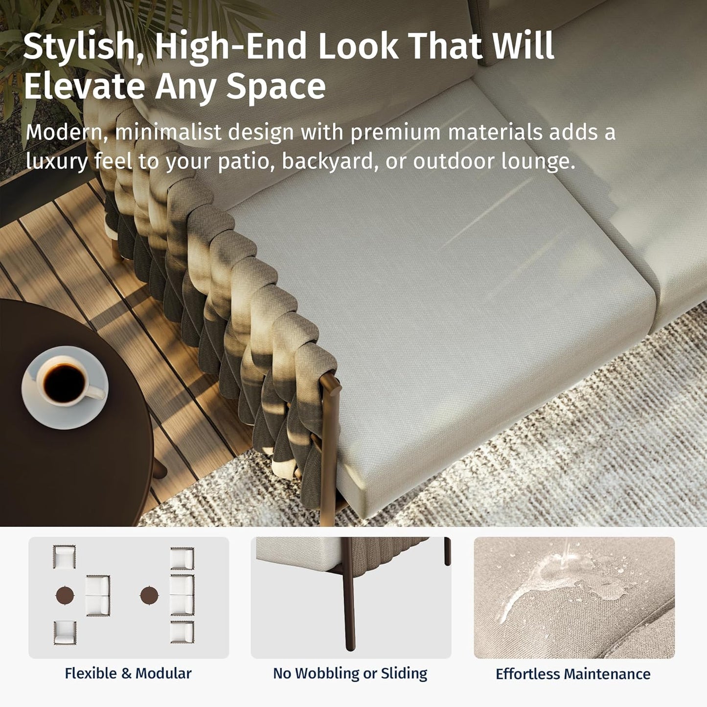 EAST OAK 3-Piece Patio Furniture Set | Armchairs & Coffee Table | Outdoor Furniture with Cushions | Deep Seating Modern Conversation Set | Garden, Porch, Balcony & Backyard | Chestnut & Apricot