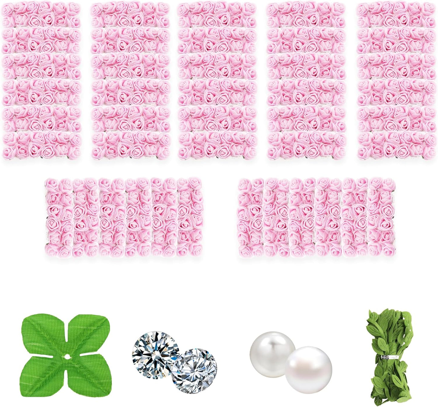 500 Pcs 0.6 Inch Mini Artificial Flowers Head Bulk 5 in 1 Set Faux Foam Fake Small Rose Tiny Baby Flores Bouquet Wreath Gift Hair Clip Home Decoration DIY Craft (Light Pink)
