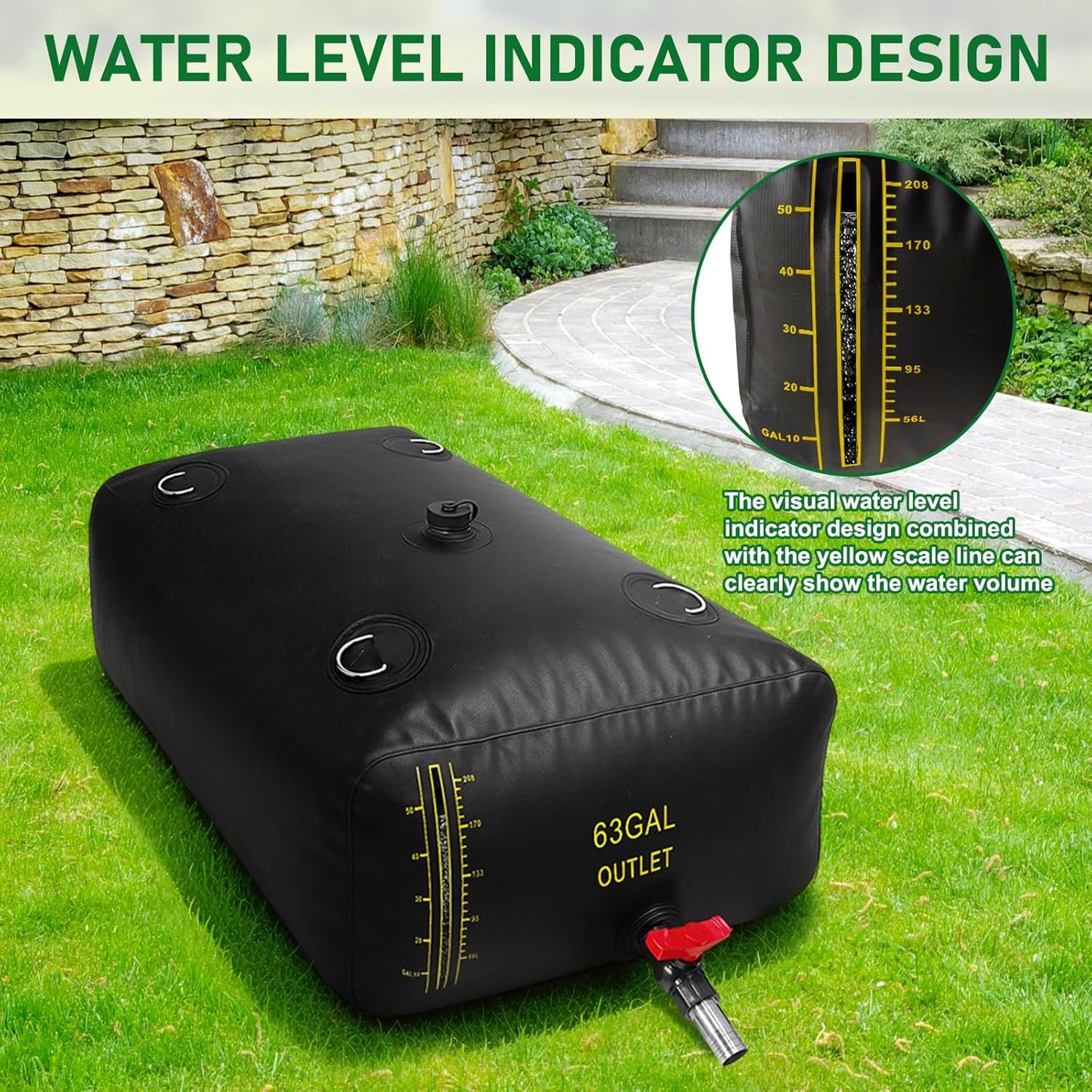 240L/63 Gal Water Bladder with Water Level Indicator, PVC Foldable and Portable Water Tank with 3 Connectors and Overflow Kit, Ideal for RV, Camping, Rainwater Collecting,Planting Watering