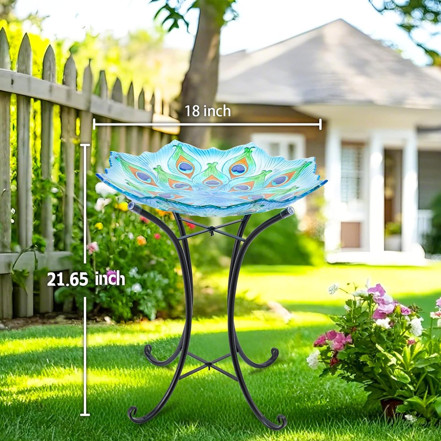 MUMTOP Outdoor Glass Birdbath with Metal Stand for Outside Yard Garden Decor, 18 inch Diameter Peacock Bird Baths Bowl for Outdoors, 21.65 inch Height
