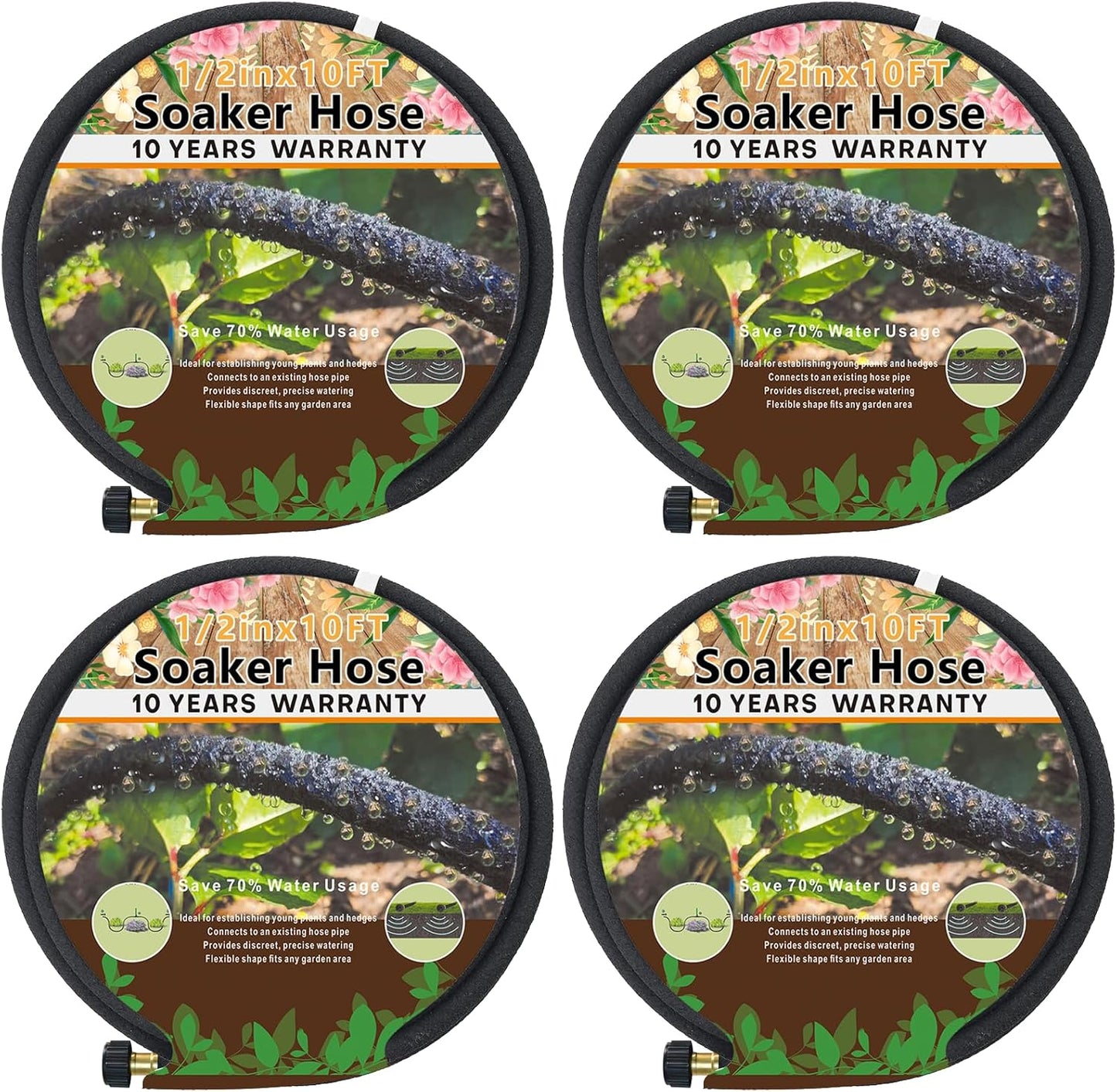 4-Pack Soaker Hose for Garden 10 Ft, Short Soaker Hoses 40 Ft, Rubber Garden Hose for Watering, Heavy Duty Drip Irrigation Hoses System (10 feet 4-Pack)