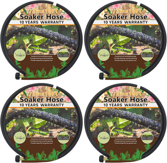 4-Pack Soaker Hose for Garden 10 Ft, Short Soaker Hoses 40 Ft, Rubber Garden Hose for Watering, Heavy Duty Drip Irrigation Hoses System (10 feet 4-Pack)