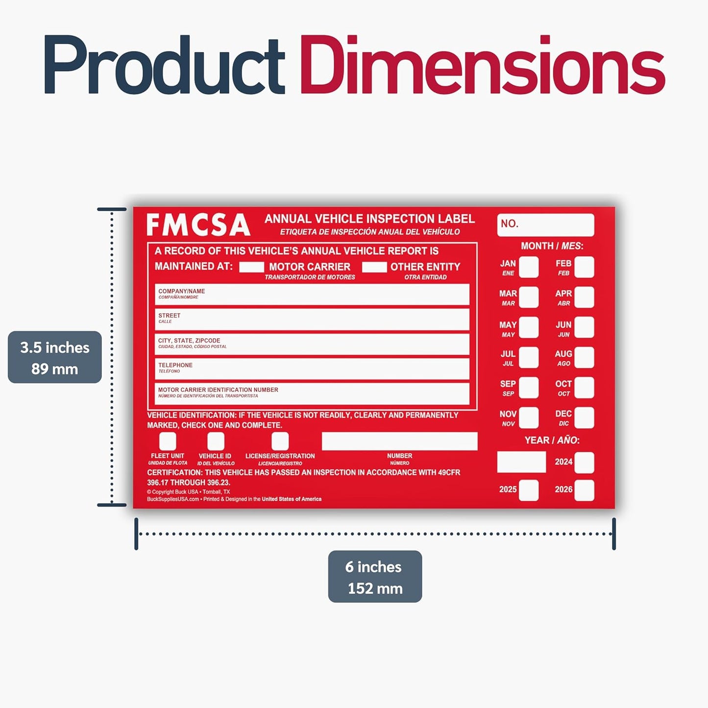 100 Pack Buck Aluminum Annual Vehicle Inspection Label with Punch Boxes, 2 Mil Red FMCSA Self Adhesive Sticker, DOT Compliant, Weatherproof, Tear Resistant, Easy to Write On, 6" x 3.5" - Made in USA