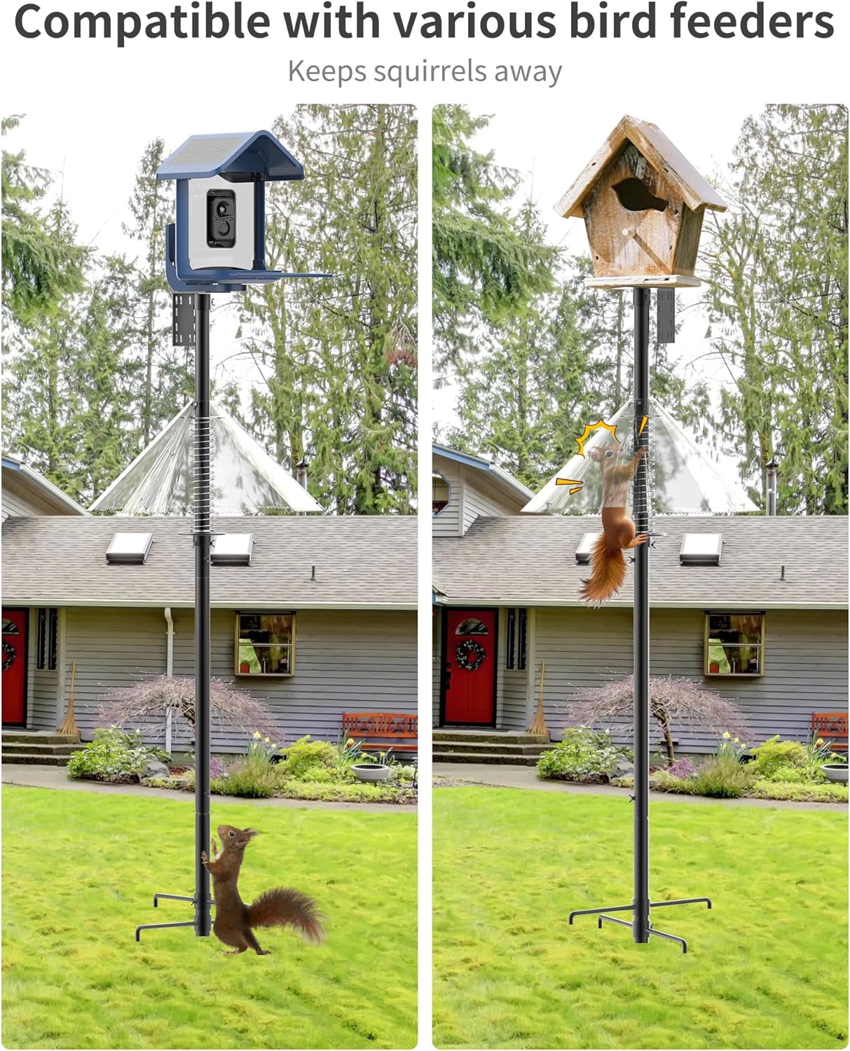 Bird Feeder Pole with Squirrel Baffle - 90 Inch Bird House Pole for Outdoors Heavy Duty, Squirrel Proof Baffle with Stainless Steel Spring for Better Defense, Slip-Fit Connection
