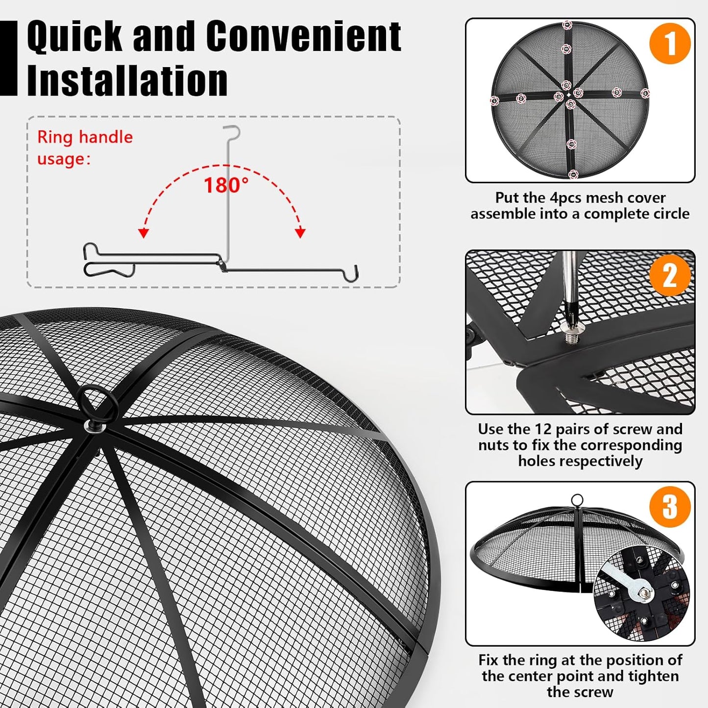 Fire Pit Spark Screen, Fire Pit Screen 40 Inch Round with Handle & Poker, Collapsible Heavy Duty Mesh Fire Pit Cover Fire Pit Lid for Outdoor/Patio/Backyard/RV Camping/Beach
