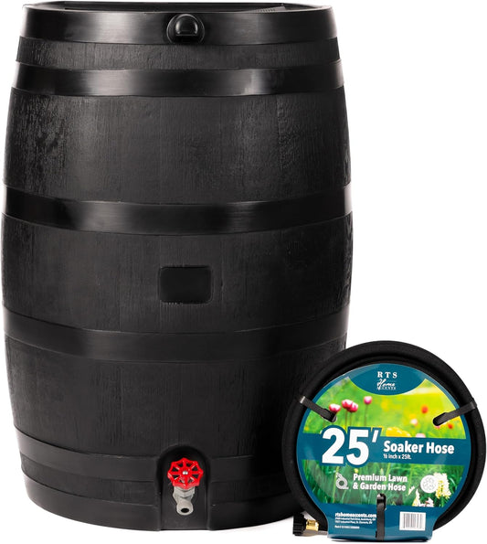 50-Gallon ECO Rain Barrel Made with 100% Recycled Plastic, Flat Back Rain Water Collection Barrel, Soaker Hose Included, Black