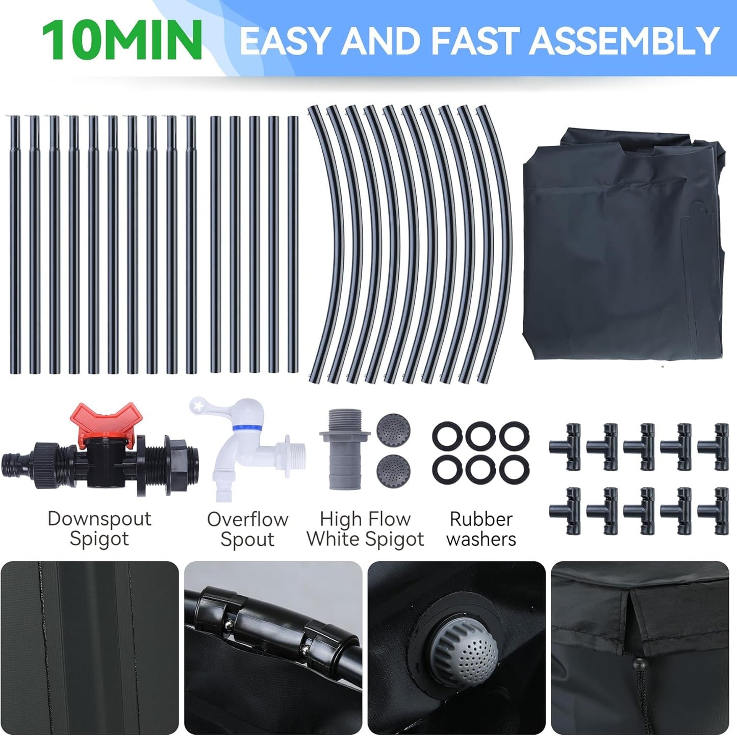 Upgraded 132 Gallon Rain Barrel Water Tank - Portable Rain Water Collection Barrel - Large Water Storage Tank - Stable Water Barrels Rain Catcher with Spigot Overflow Kit, Black