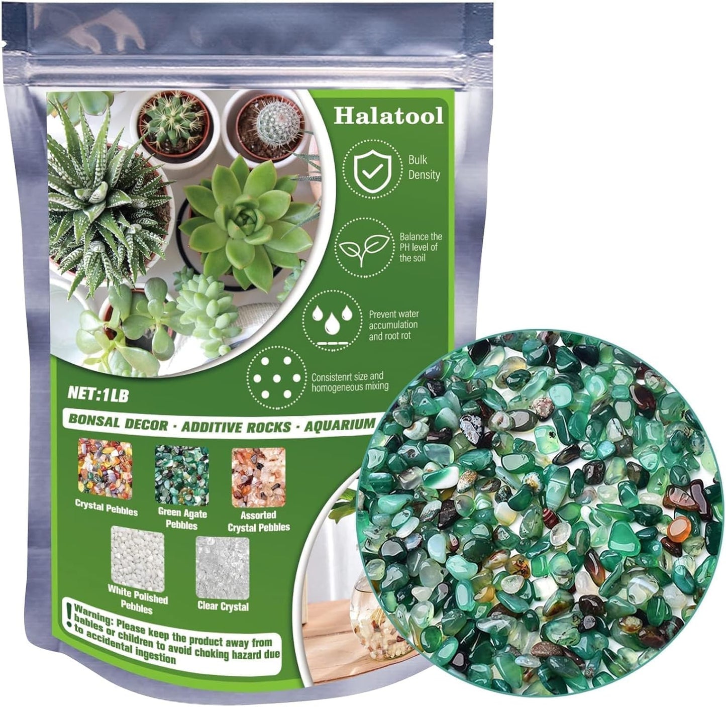 Halatool 1LB Green Aquarium Gravel for Fish Tank 0.35"- 0.6" Landscaping Pebbles for Home Decor Natural Decorative Polished Stones for Potted Plants DIY Handmade & Vase Filler