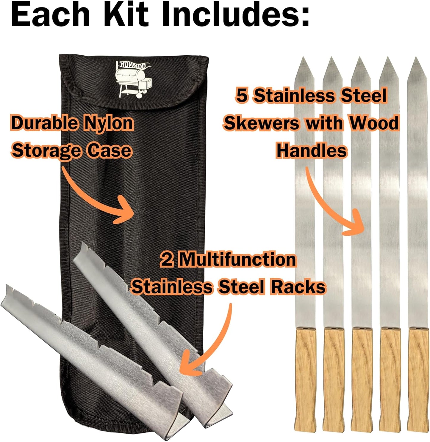 Stainless Steel Kebab Sword Grill Skewers, Holder Racks and Case Set - Great for Shish Kabob, BBQ, Kebobs, Churrasco, Picanha, Brazilian BBQ Sword Skewers, Roasting Sticks