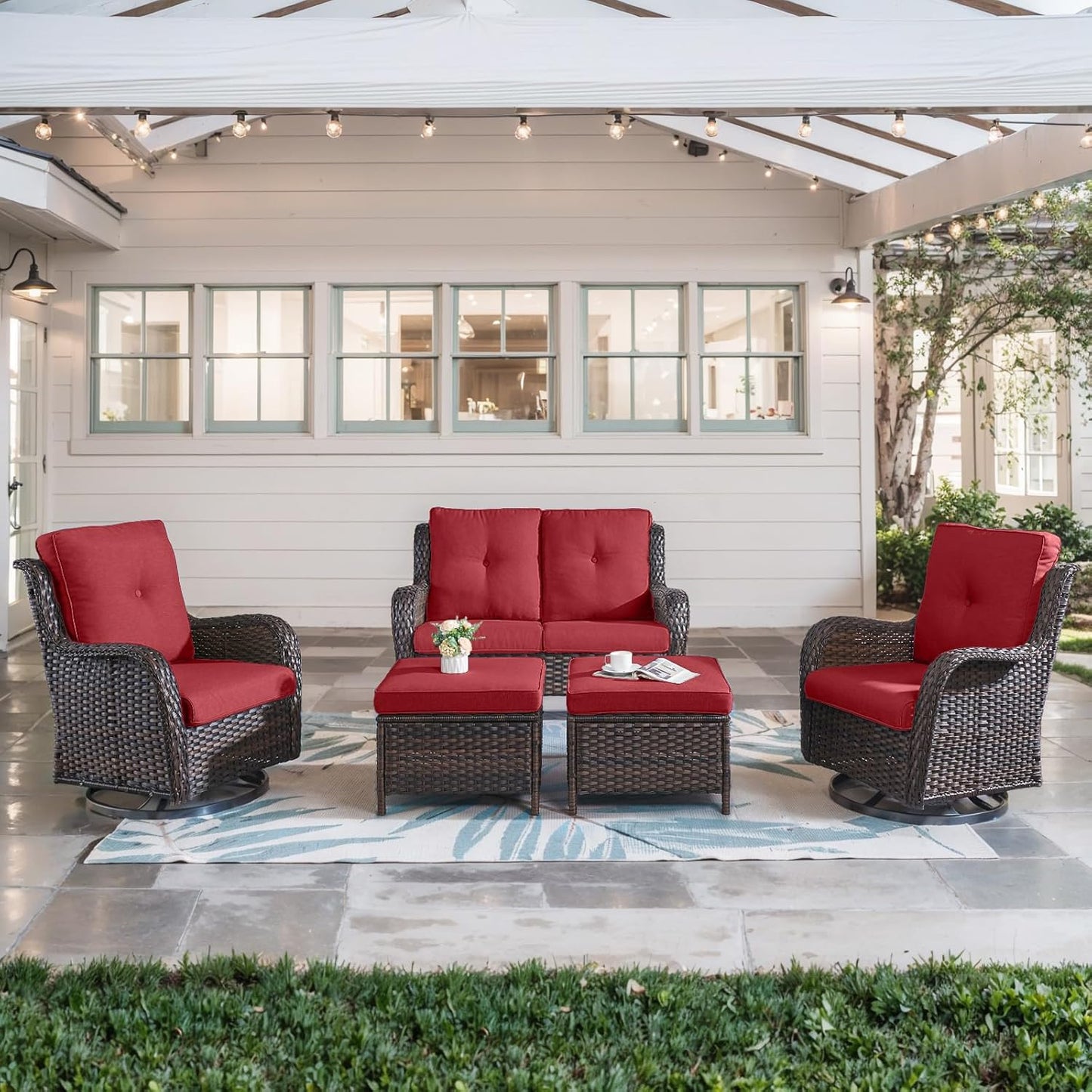 5 Piece Outdoor Patio Furniture Set - Wicker Furniture Patio Conversation Set, Outdoor Swivel Rocker Chairs with Loveseat Sofa and 2 Ottomans for Small Space, Red Cushion