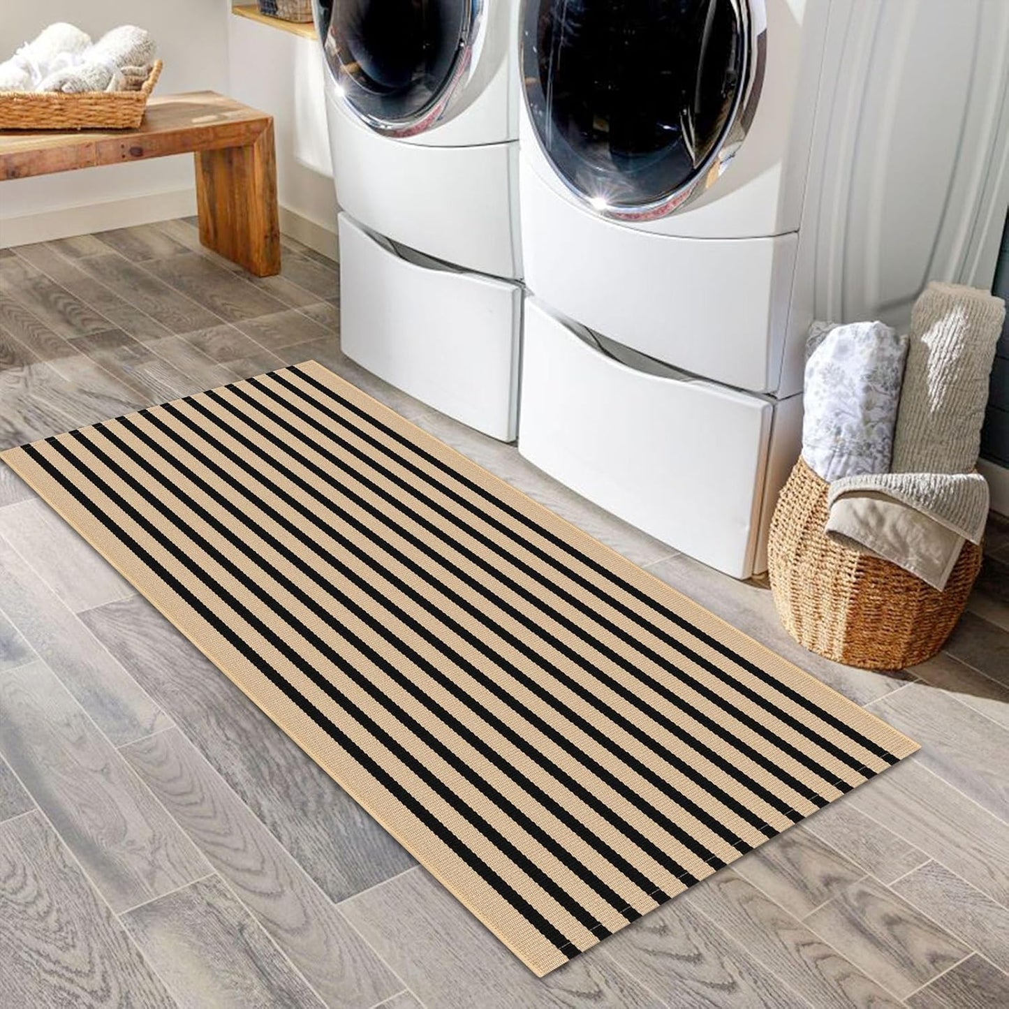 IOHOUZE Striped Area Rug 2'x4.3' Front Door Rugs Small Washable Area Rug for Front Porch, Spring Summer Welcome Door Mats Outdoor Indoor, Doormat for Entryway Porch Entrance, Tan/Black