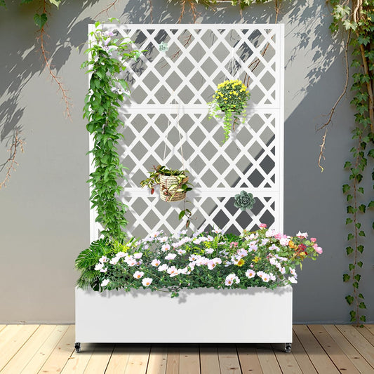 FENCY Metal Planter Box with Diamond Lattice Trellis Planter Box for Climbing Plants/Vines, Galvanized Raised Garden Bed On Wheels, Garden Bed with Trellis(73"x47" White)