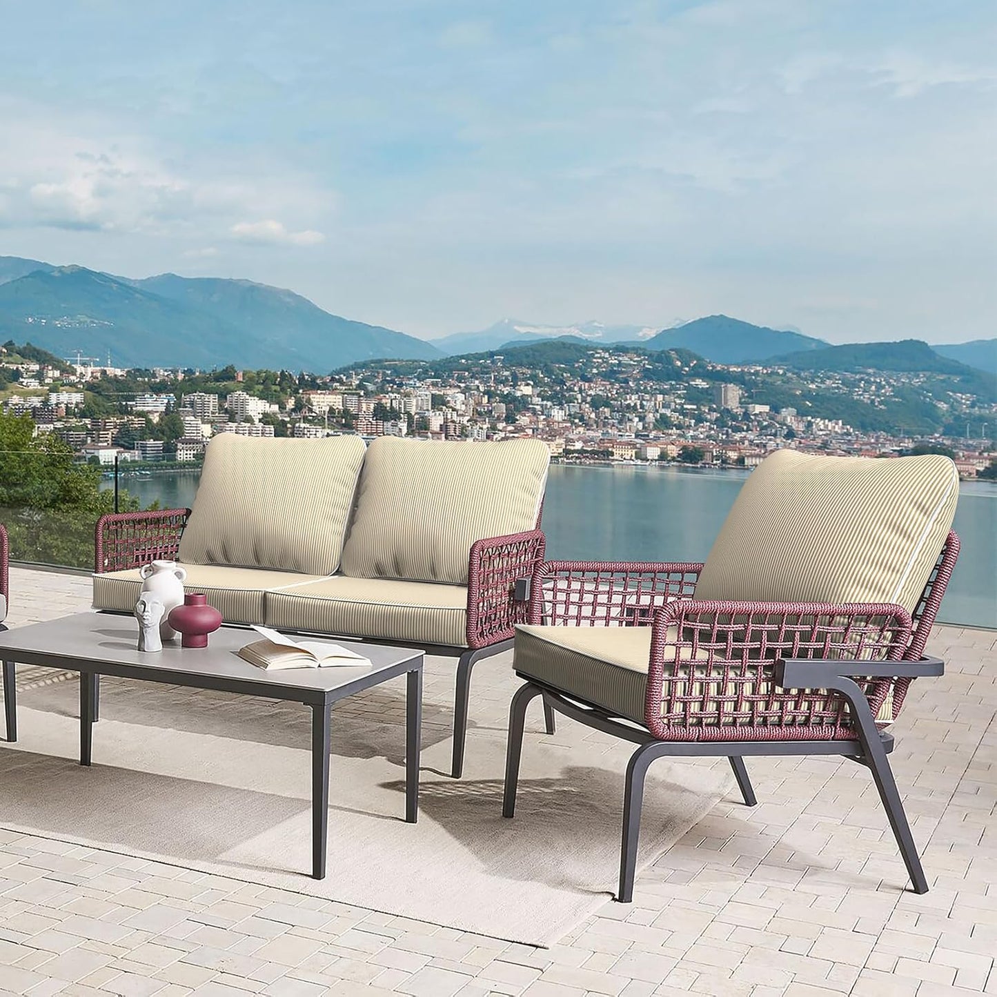 LVTXIII Outdoor Deep Seat Cushion Patio Seat and Back Cushion Set Seasonal Chair Cushion with Removable Cover and Adjustable Buckle for Home and Garden, 24"x24"x4", Strip Beige