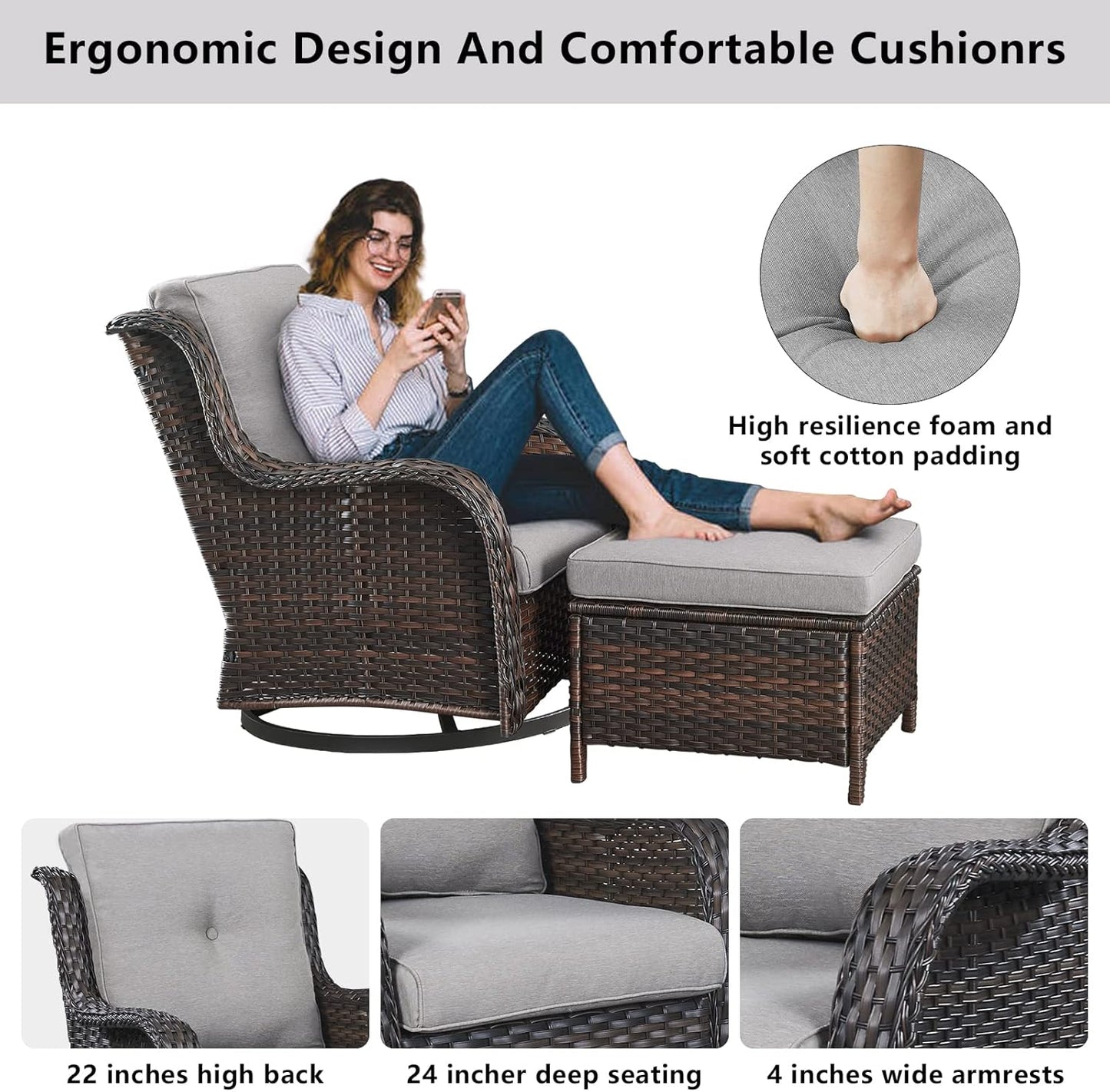 Wicker Outdoor Furniture Patio Furniture Set - 6 Piece Patio Conversation Set with Swivel Rocker Chairs, Loveseat Sofa, Ottomans and Coffee Table, Gray Cushion