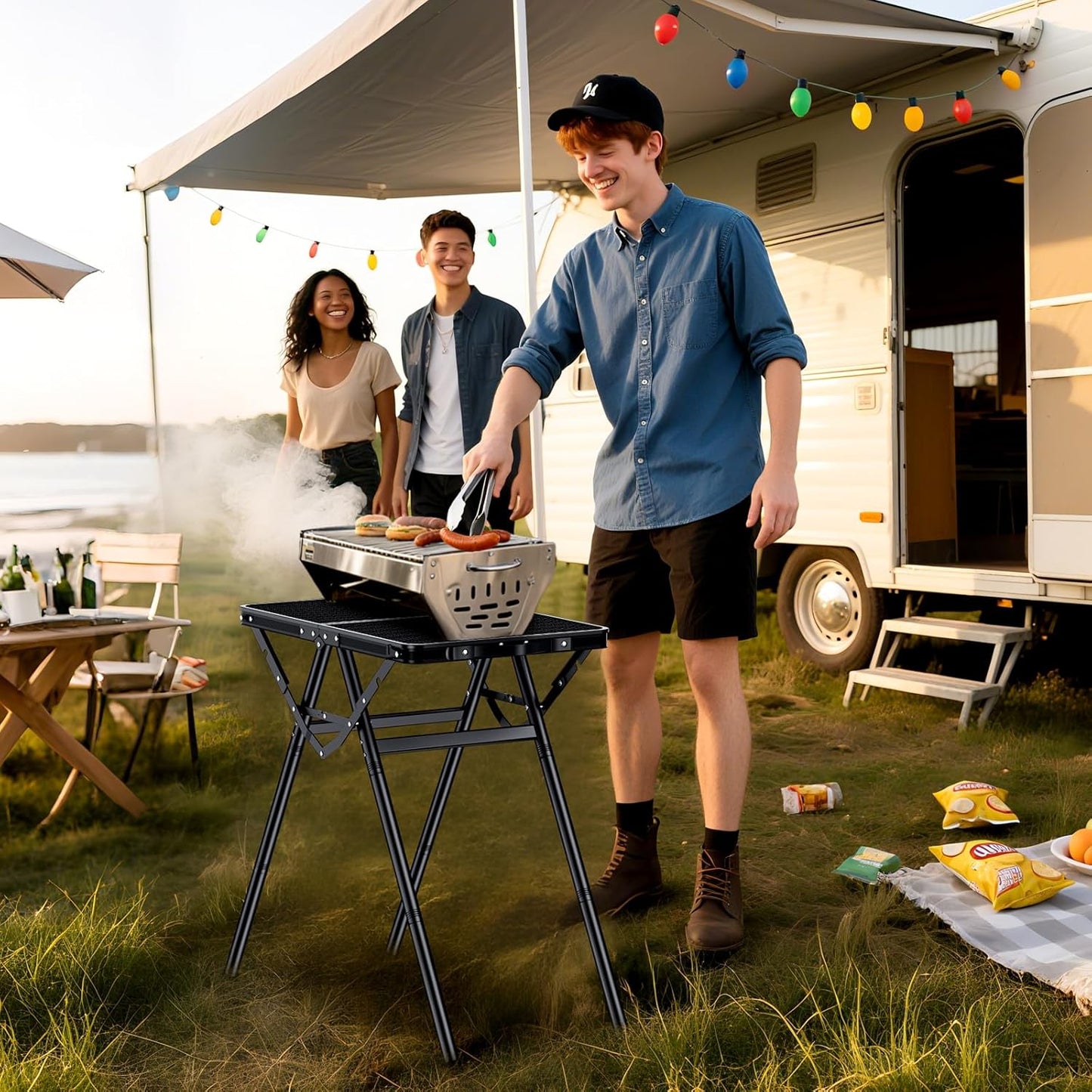 2ft Sturdy Folding Grill Table, Supports 180 Lbs, 2 Adjustable Height 28” Portable Grill Table, Heat-Resistant Tabletop, Folding Metal Table for Camping BBQ Cooking Backyard, 24" X 16", Black