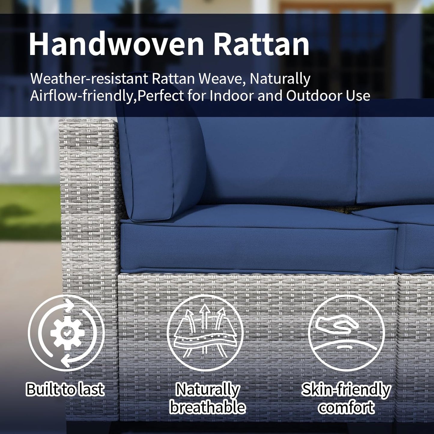 7 Piece Patio Furniture Set, Rattan Outdoor Patio Conversation Sets, Outdoor Sectional Furniture with Waterproof Cushion and Coffee Table, for Deck, Backyard, Garden, Dark Blue