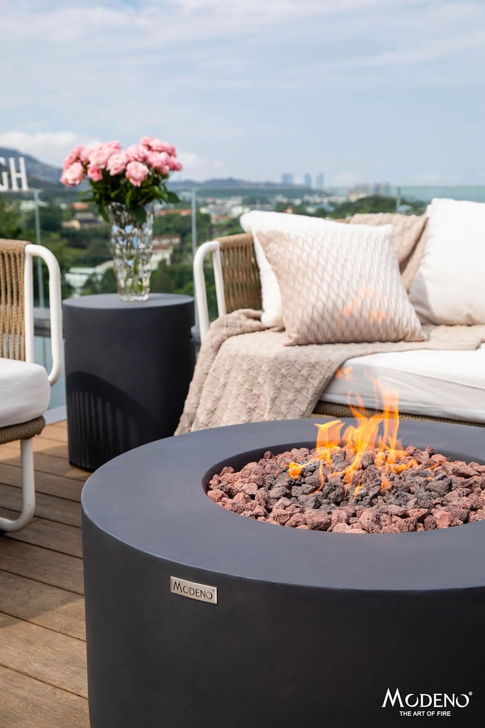 AMS Fireplace | Modeno Venice Package | Black Liquid Propane Gas Fire Pit Table for Outdoor Patio Bundle with Tank Cover, Wind Guard, and SS Burner Lid | Free Rubber Mat & Ice Bucket