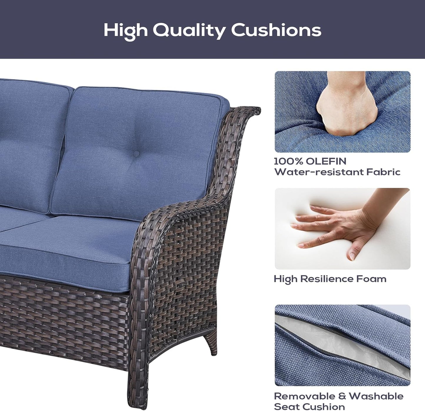 Outdoor Furniture Sectional Sofa L Shaped Couch - Patio Wicker Set with 2 Swivel Glider Chairs, 5 Piece Rattan Patio Conversation Sets with Blue Cushion for Deck Backyard Sunroom