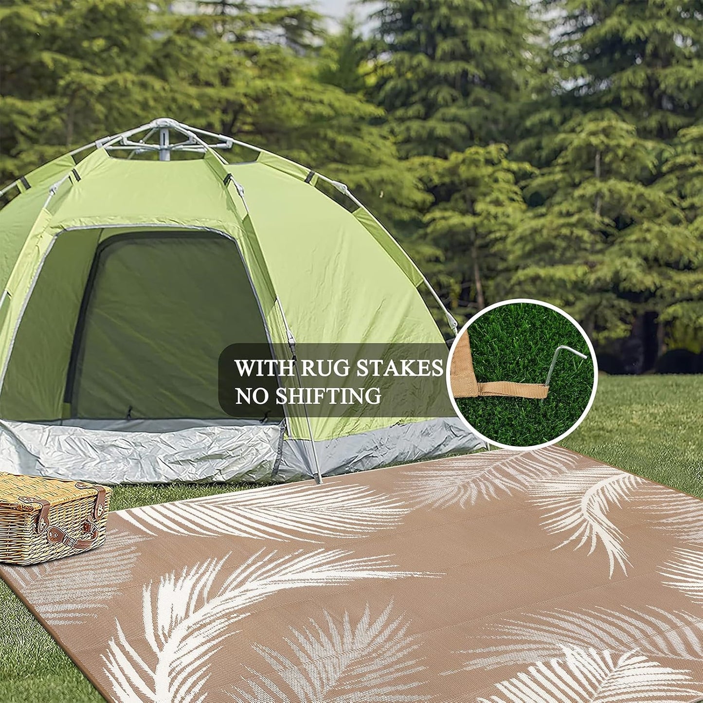 Pauwer Waterproof Outdoor Rug 10x14, Reversible Plastic Straw Patio Camping Rug, Indoor Outdoor RV Mat Carpet for Deck, Camper, Porch, Balcony, Backyard, Picnic, Leaf Brown