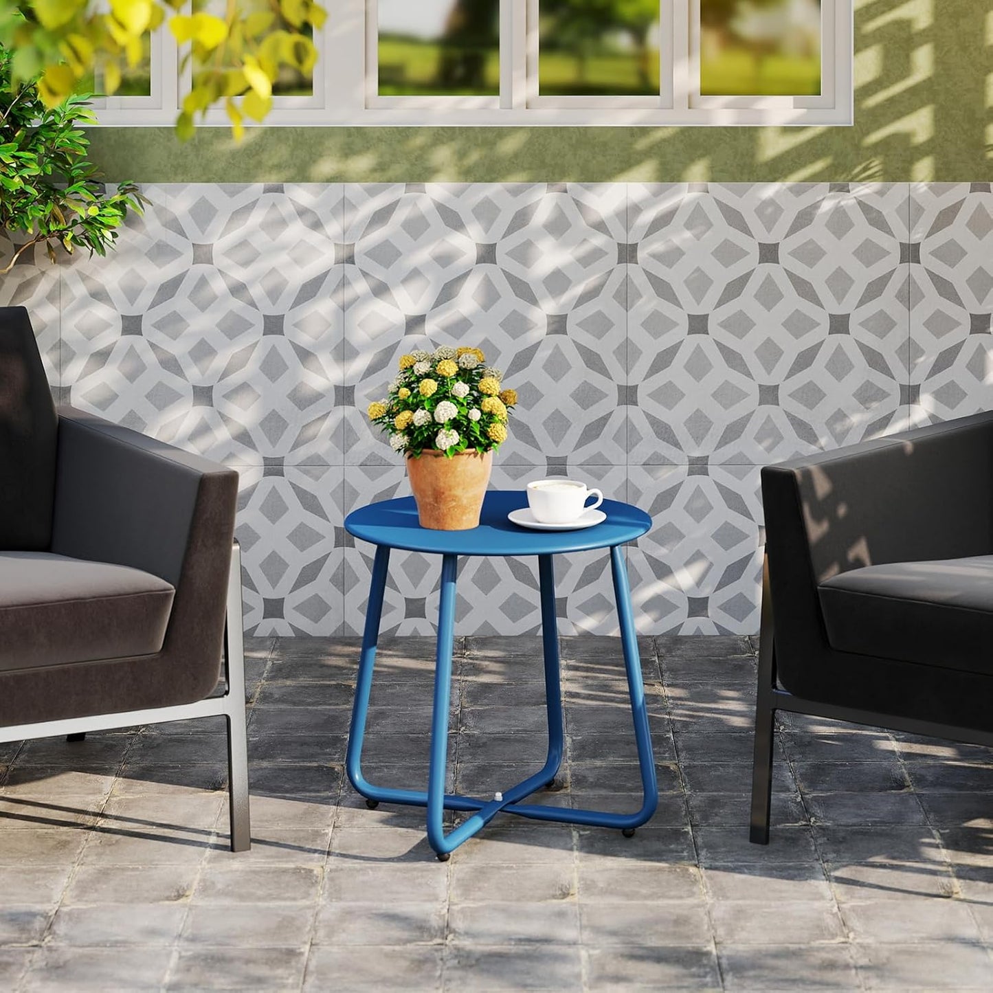 HollyHOME Round Metal Side Table, Rust-Resistant Patio Small Plant Stand, Outdoor 17.32'' Portable End Table for Balconies, Gardens, Living Rooms and Bedrooms, Navy Blue