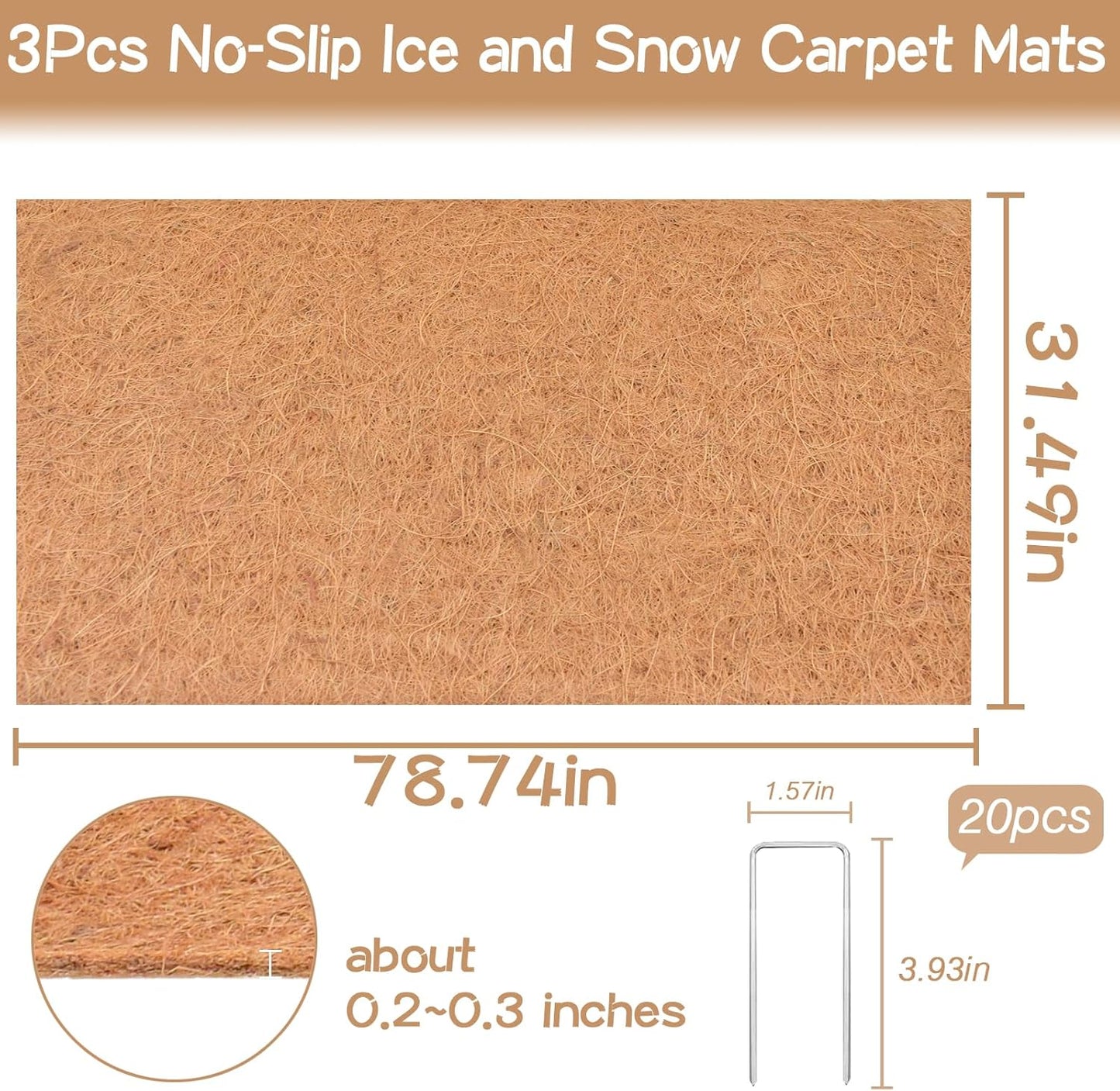 ZeeDix 3 Pack 31 x 80 x 0.28inches Thickened No-Slip Ice and Snow Carpet Mats- Natural Coconut Fiber Carpet for Garden, Front Door, Stairs, Porch Outdoor Safer Walking