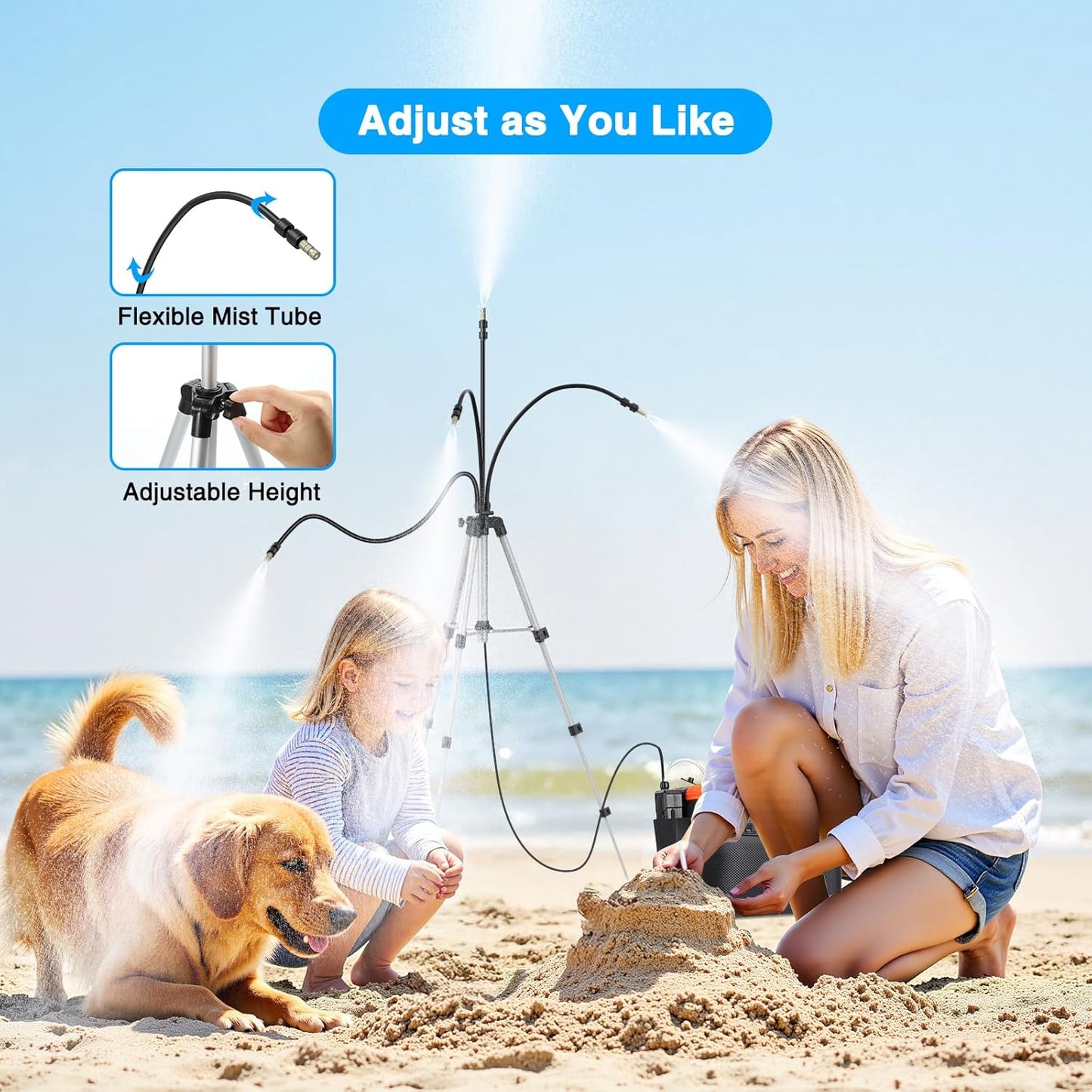 Portable Misting System with Standing, 6000mAh Water Cooling Misters Set for Outside Patio - 20L Bucket, 4.9FT(59IN) Adjustable Height for Outdoor, Beach, Pool, Water Playing, Sprinkler, Camping