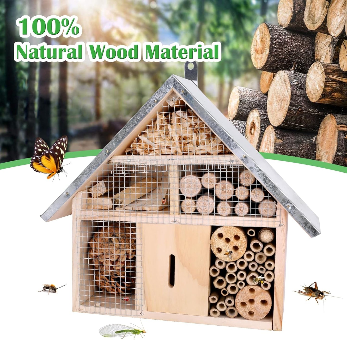 antiai Wooden Mason Insect Bee Butterfly House,Insect Hotel,an Outdoor Hanging Bamboo Habitat for Ladybugs Live,Bee Box,Butterfly Habitat for Garden,12.4 x 12 x 3.9 Inch
