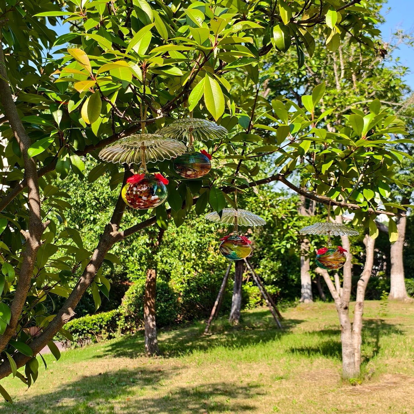 Small Glass Hummingbird Feeders for Outdoors Hanging - 4PC x Multi Color Hand Blown Glass Ball Nectar Feeding + Rain Cover, 3 Flowers Feeding Ports, Decor for Garden/Backyard Outside