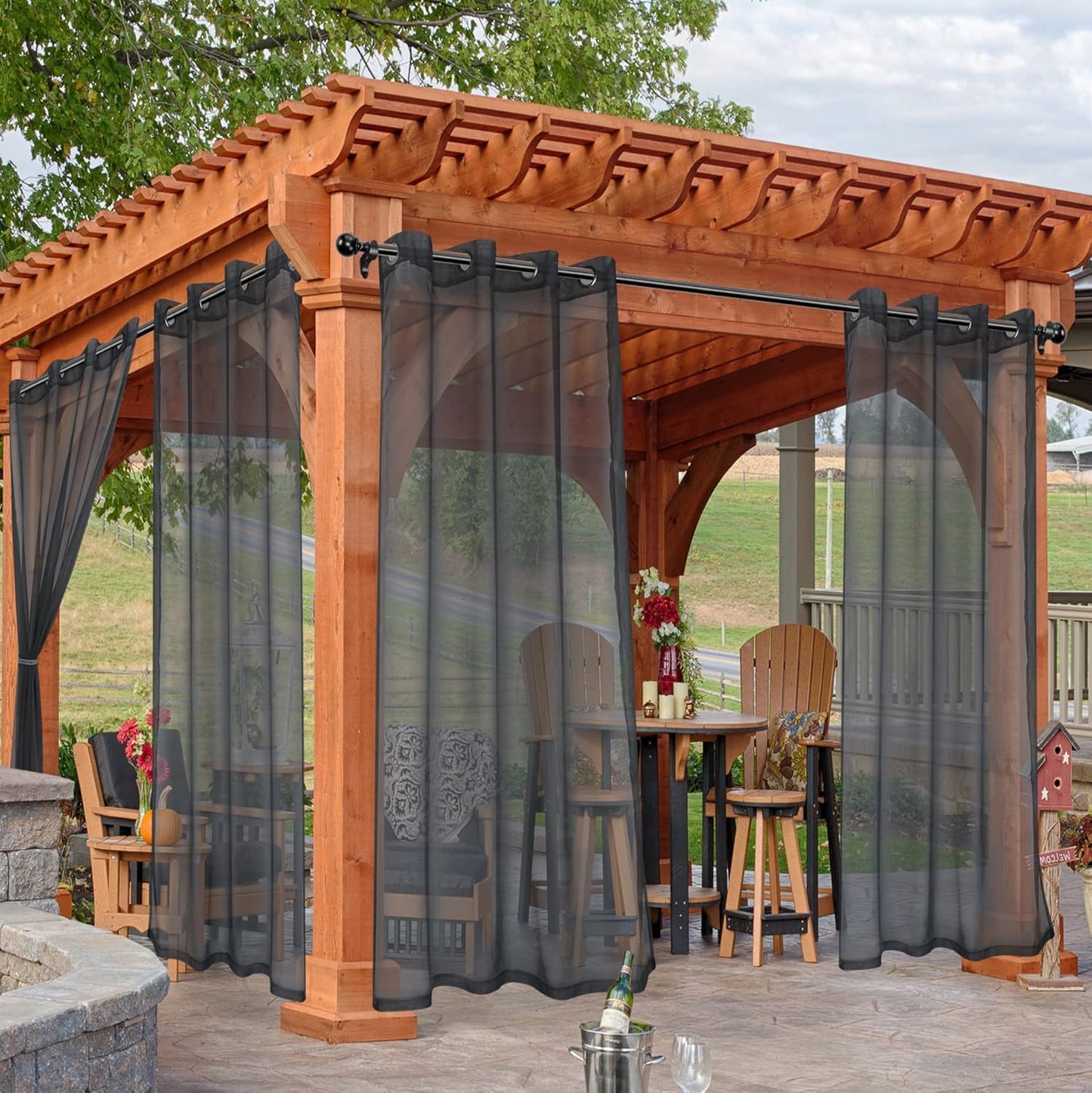 HolidayIdeas Outdoor Sheer Curtains for Patio Waterproof, 4 Panels - 54 x 108 Inch - Grey Light Filtering Voile Outside Curtains Grommet Drapes for Front Porch, Gazebo, Pergola, Backyard