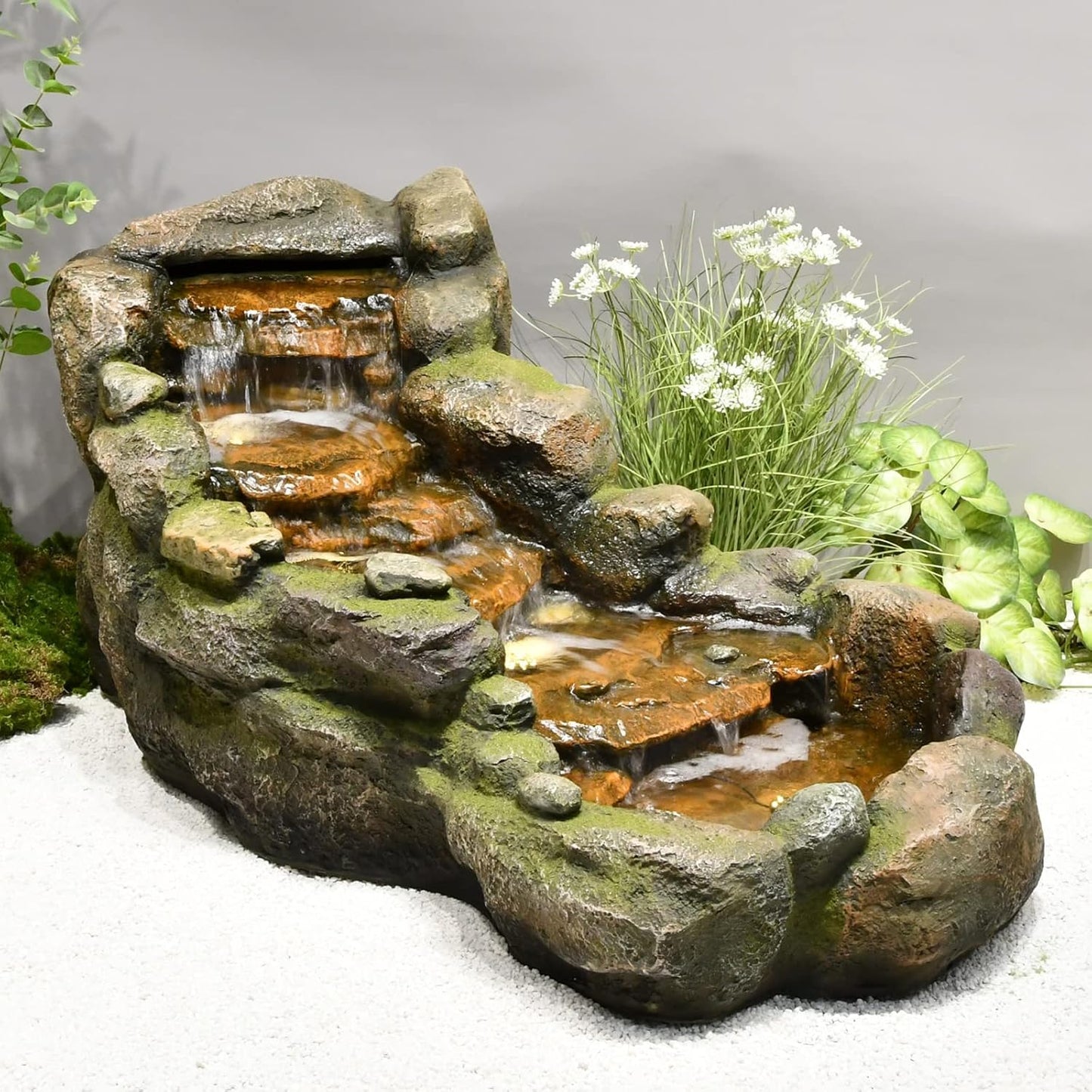 Garden Outdoor Water Fountain, 42.1" L Floor Standing Tiered Rock Outdoor Fountains with LED Lights and Pump for Garden, Backyard, Deck, Patio, Porch and Home Art Decor